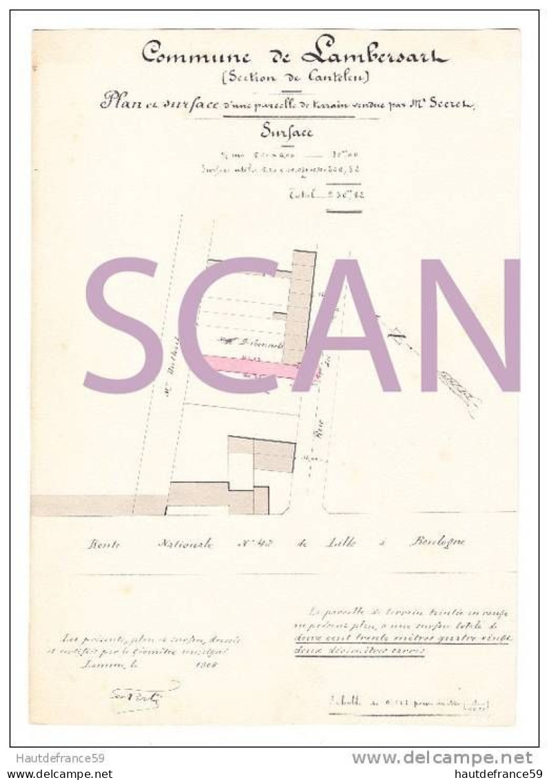 RARE Ancien Plan Original De Géomètre 1905 Territoire LAMBERSART CANTELEU Plan & Surfaces Certifié Signé DESPRETS Lille - Topographische Karten