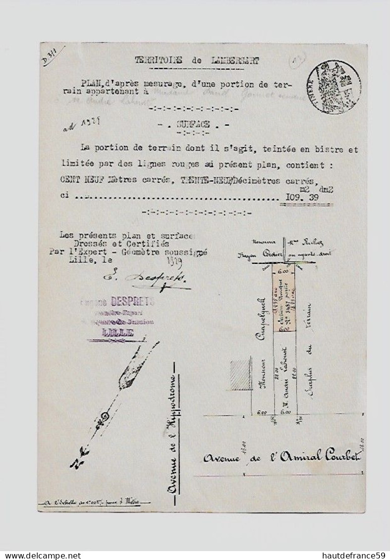 RARE Ancien Plan Original De Géomètre 19205 Territoire LAMBERSART^plan & Portion Terrain Certifié Signé DESPRETS - Cartes Topographiques