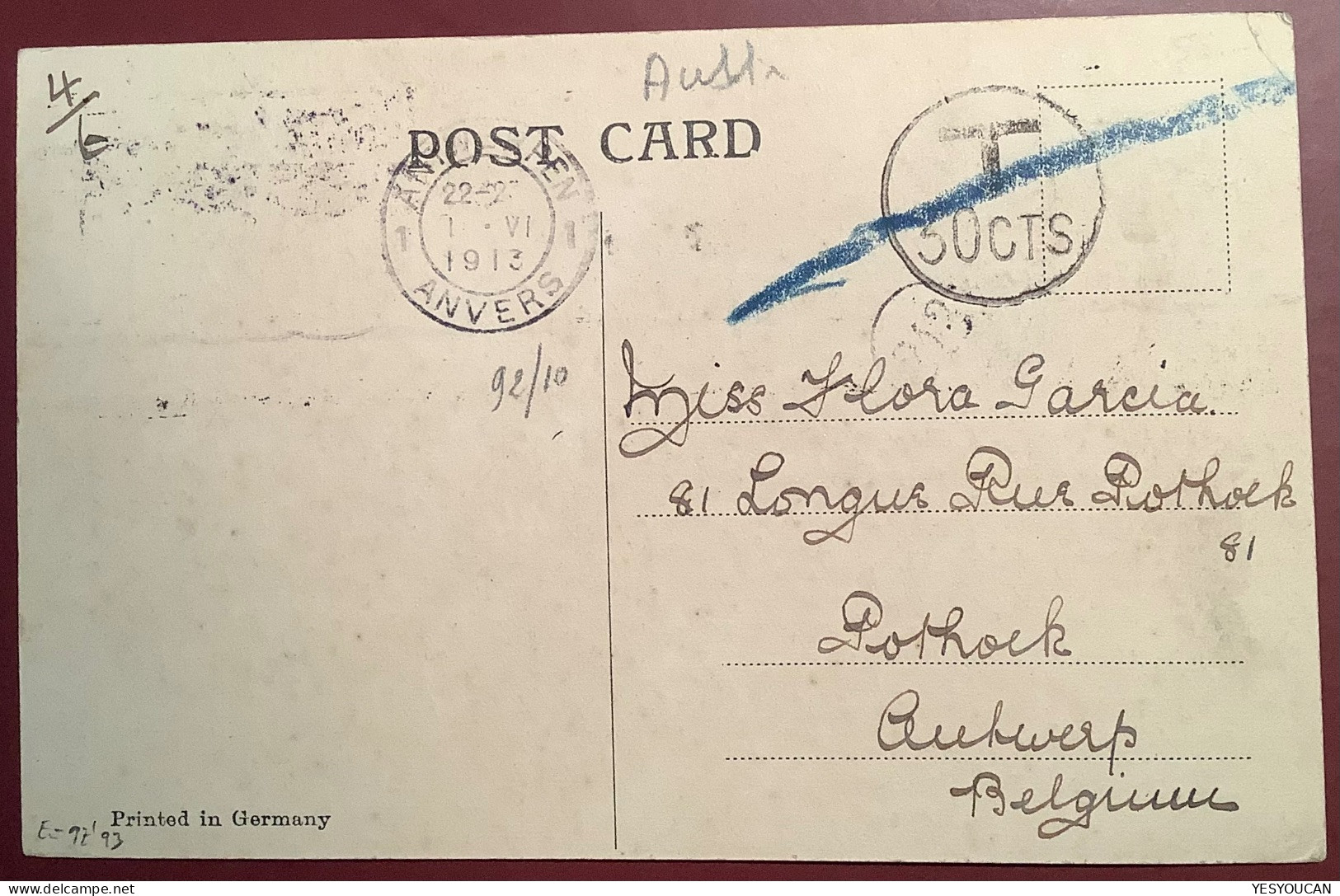 1913South Australia RARE BELGIAN ROULETTE Arrival Cancellation On Postage Due Adelaide Ppc>Anvers Belgique(belge Belgium - Lettres & Documents