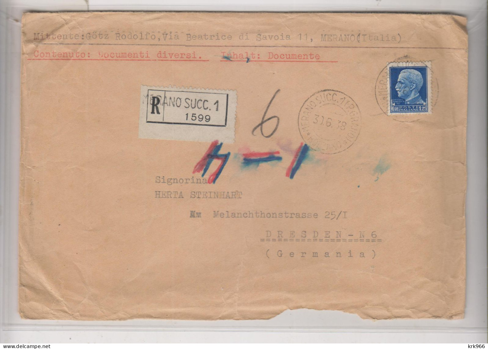 ITALY 1938 MERANO Registered  Cover To Germany - Marcofilía (Aviones)