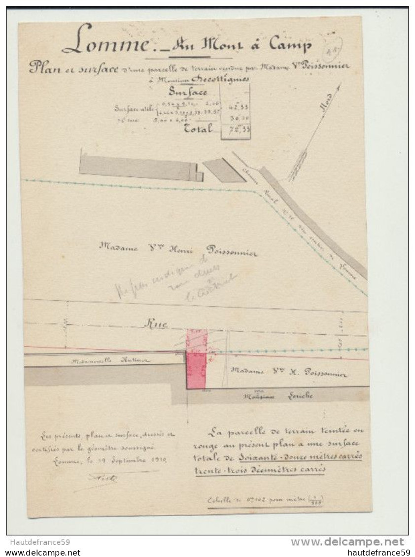 RARE Ancien Plan Original De Géomètre 1910 Commune LOMME Mont à Camp  Plan & Surface Signé Perte Géomètre Prop PERTE - Topographische Karten