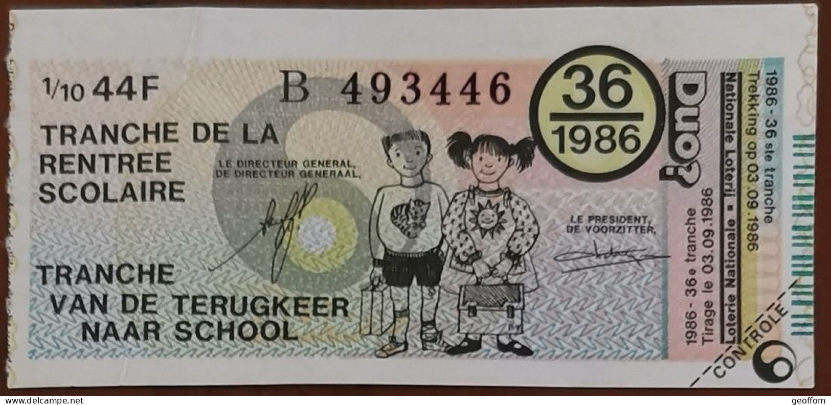 Billet De Loterie Nationale Belgique 1986 36e Tranche De La Rentrée Scolaire - 3-9-1986 - Billetes De Lotería