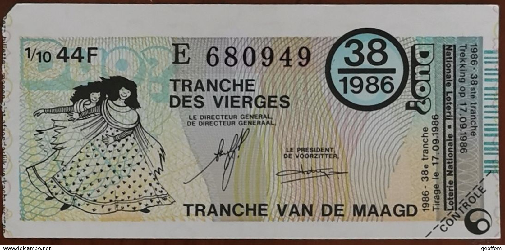 Billet De Loterie Nationale Belgique 1986 38e Tranche Des Vierges - 17-9-1986 - Biglietti Della Lotteria