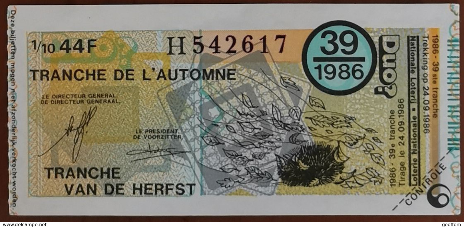 Billet De Loterie Nationale Belgique 1986 39e Tranche De L'Automne - 24-9-1986 - Billetes De Lotería