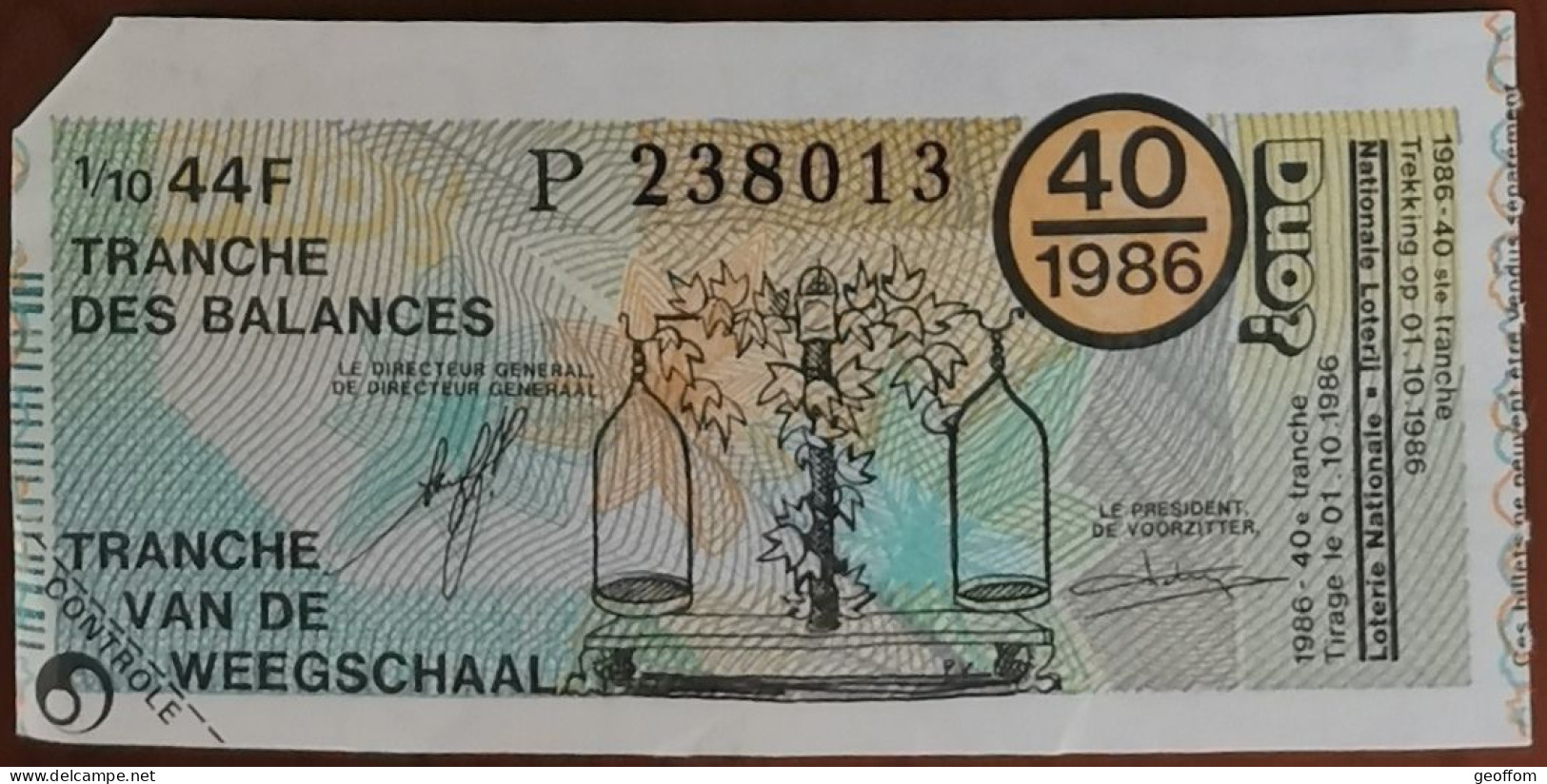 Billet De Loterie Nationale Belgique 1986 40e Tranche Des Balances - 1-10-1986 - Billetes De Lotería