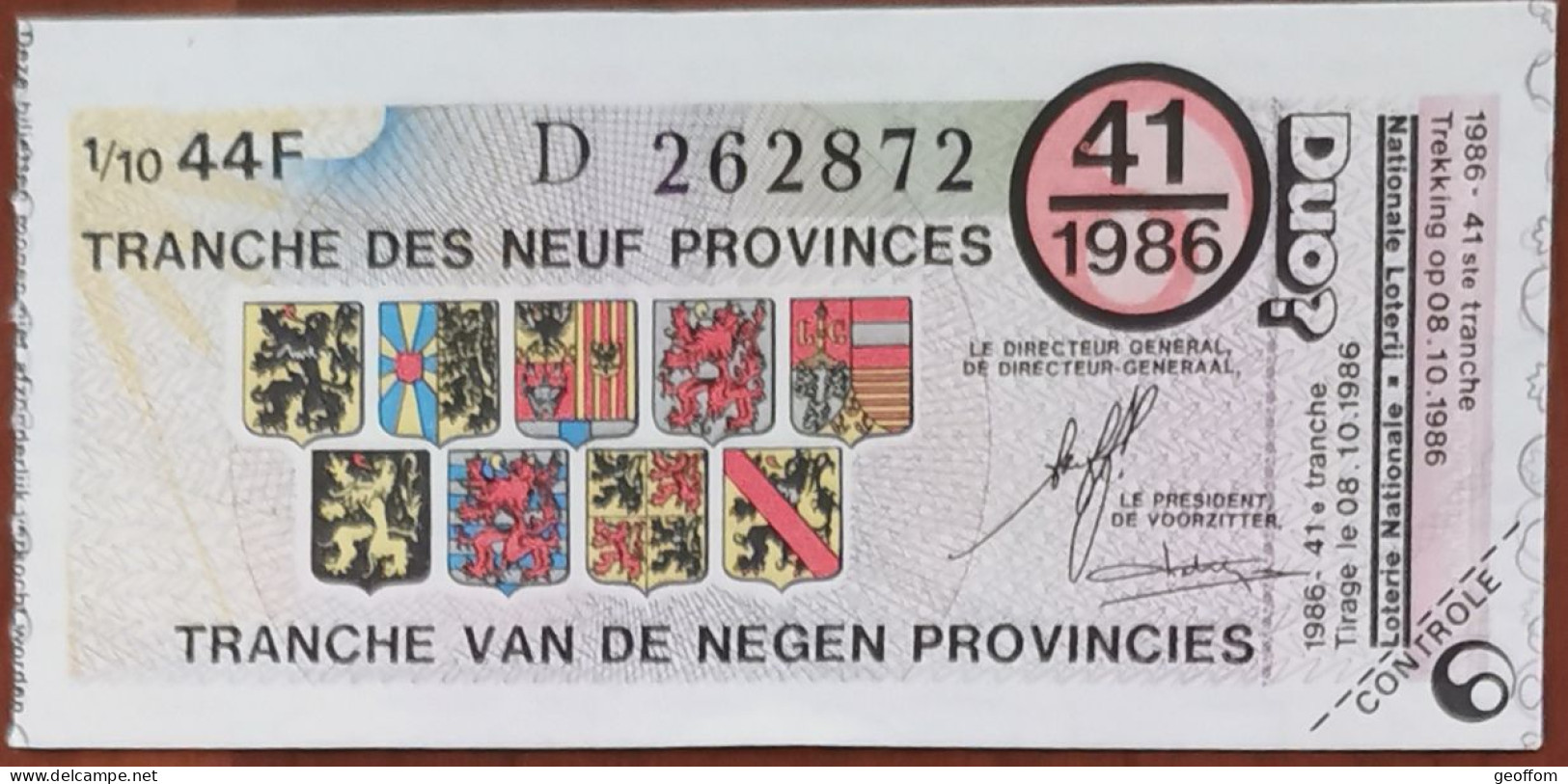 Billet De Loterie Nationale Belgique 1986 41e Tranche Des Neuf Provinces - 8-10-1986 - Billetes De Lotería