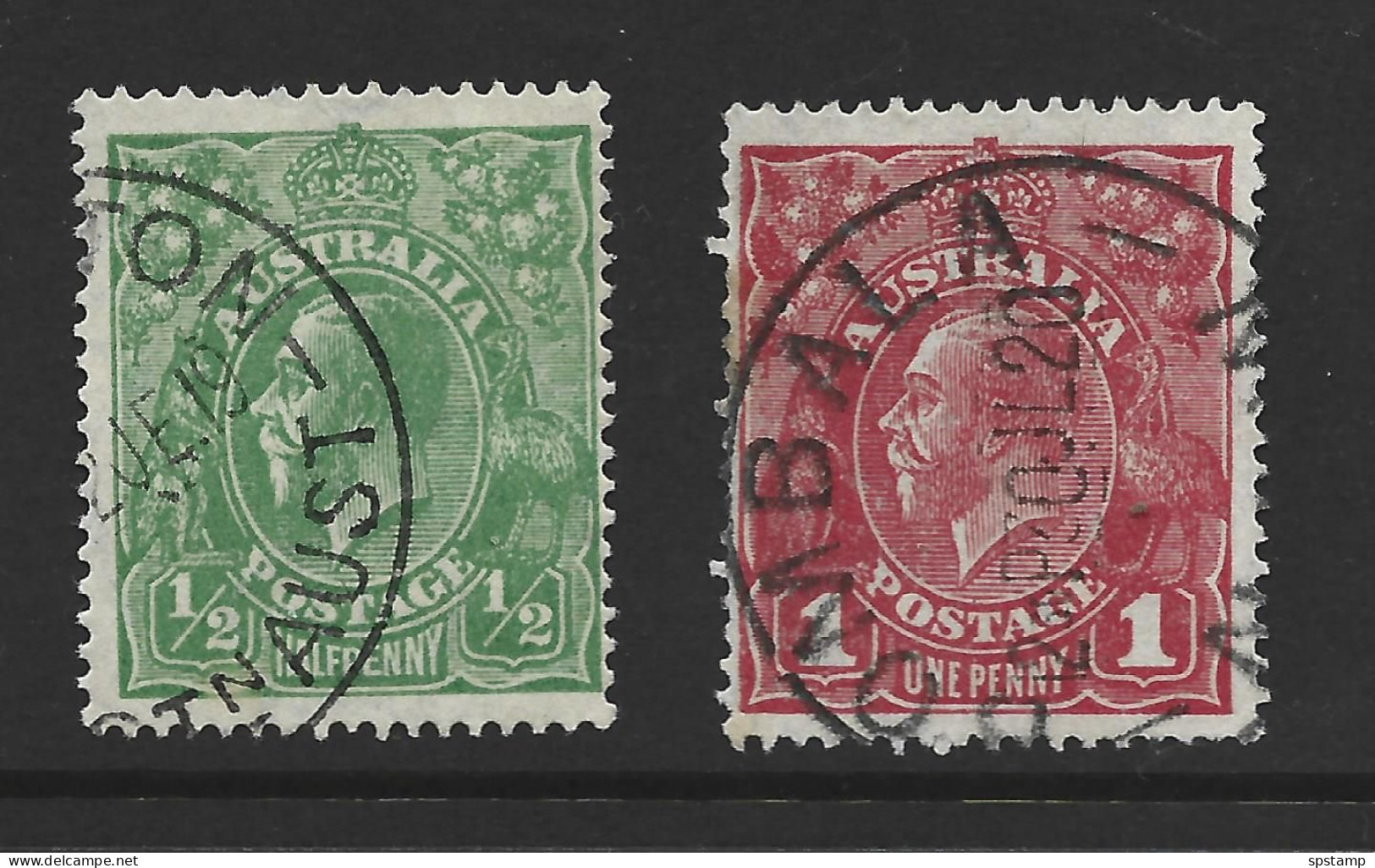 Australia 1918 - 1920 1/2d Green & 1d Red KGV Definitive Singles LM Watermark Perf 14 FU - Used Stamps