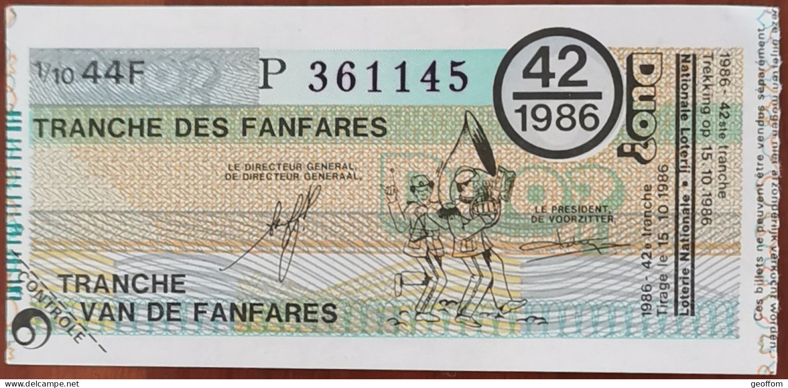 Billet De Loterie Nationale Belgique 1986 42e Tranche Des Fanfares - 15-10-1986 - Biglietti Della Lotteria