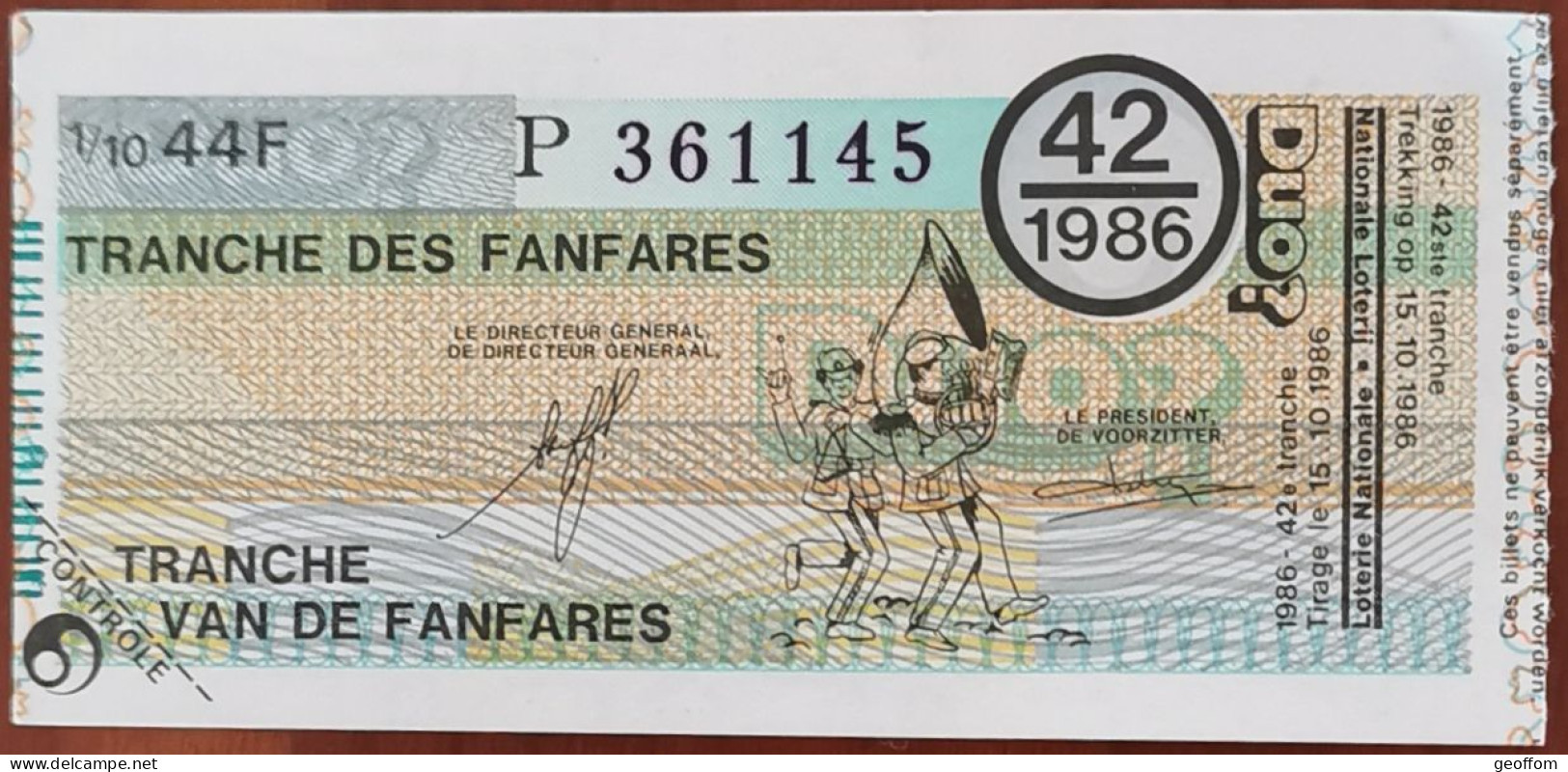 Billet De Loterie Nationale Belgique 1986 42e Tranche Des Fanfares - 15-10-1986 - Billetes De Lotería