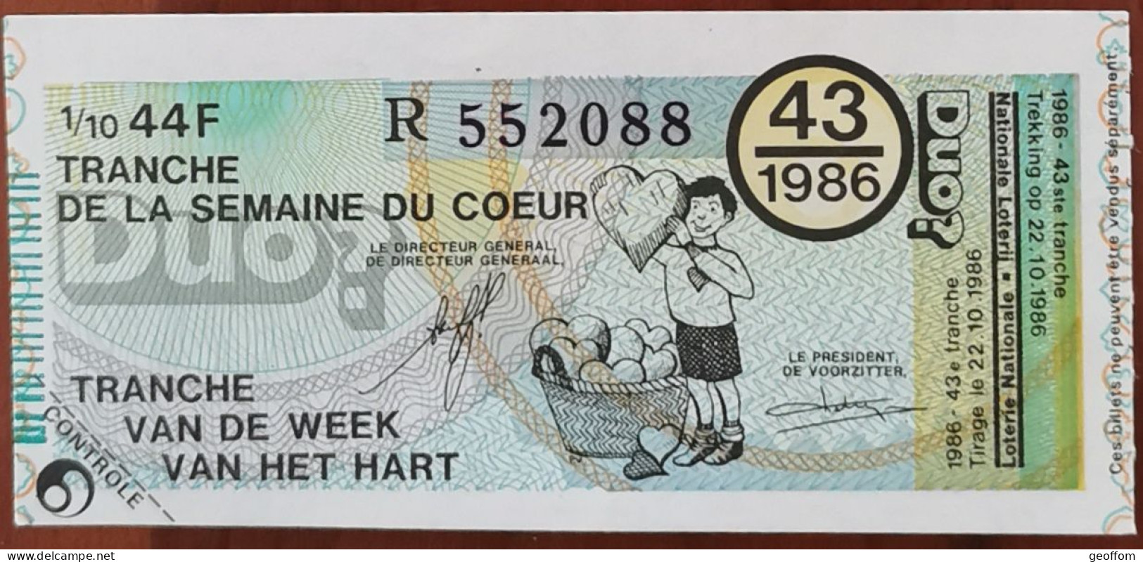 Billet De Loterie Nationale Belgique 1986 43e Tranche De La Semaine Du Cœur - 22-10-1986 - Billetes De Lotería