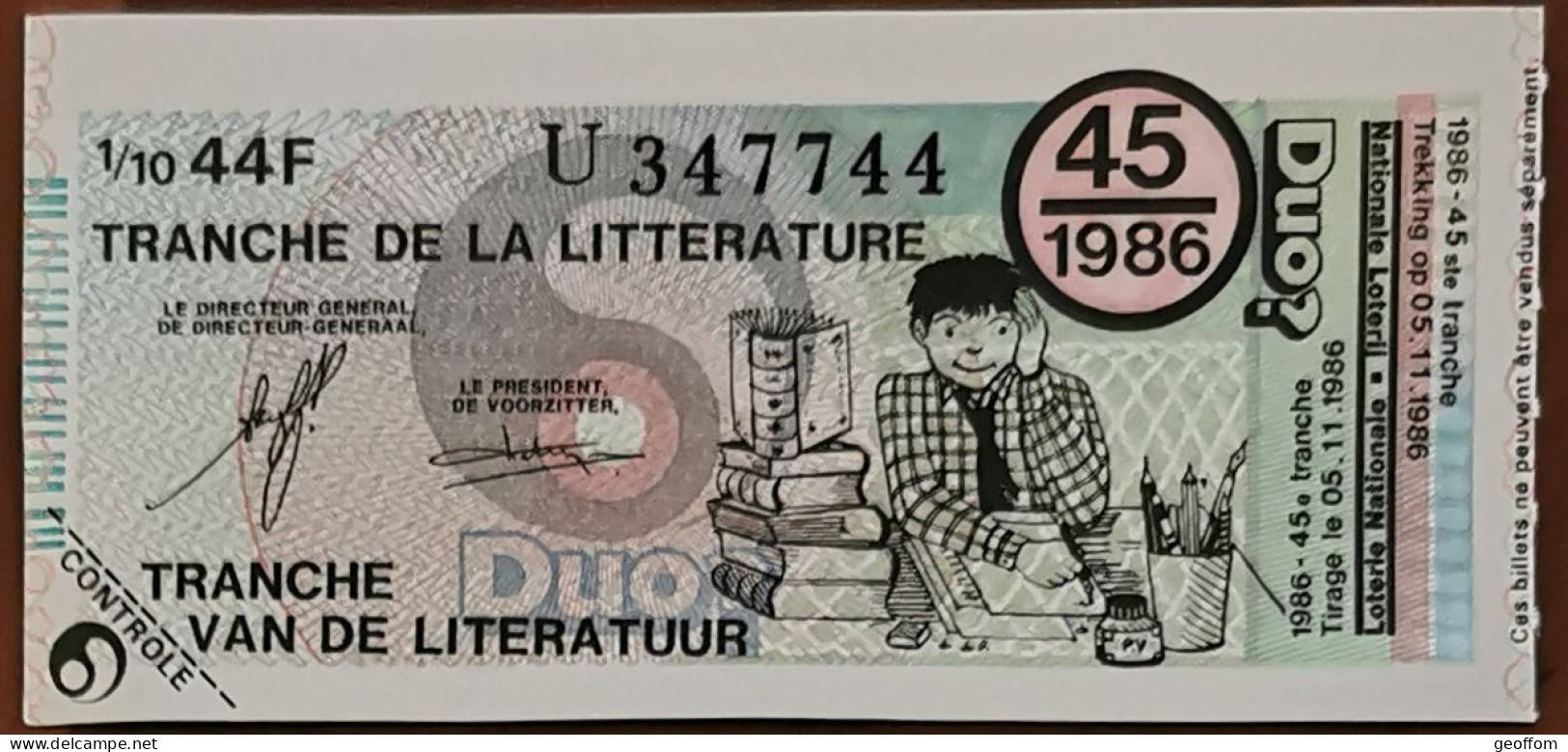 Billet De Loterie Nationale Belgique 1986 45e Tranche De La Littérature - 5-11-1986 - Biglietti Della Lotteria