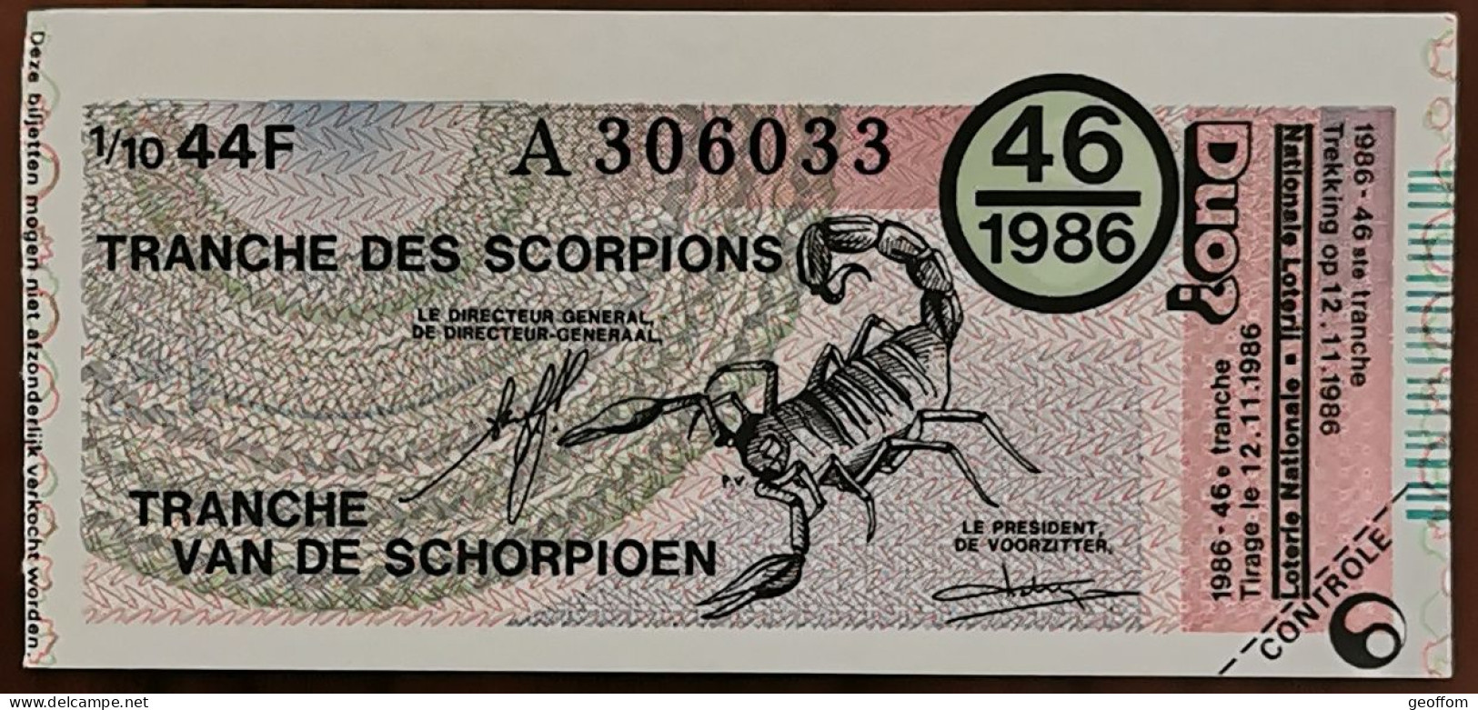 Billet De Loterie Nationale Belgique 1986 46e Tranche Des Scorpions - 12-11-1986 - Billetes De Lotería