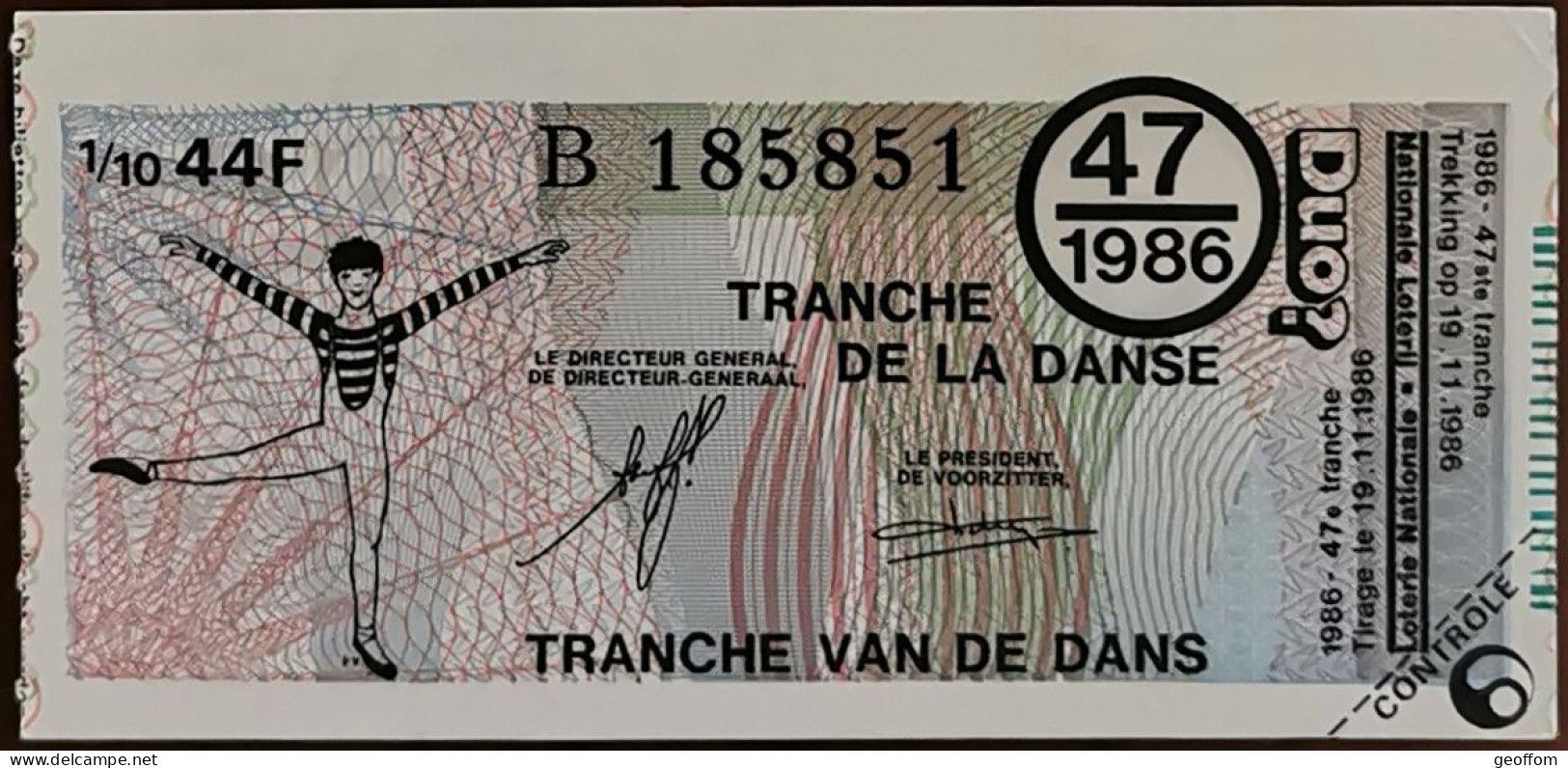 Billet De Loterie Nationale Belgique 1986 47e Tranche De La Danse - 19-11-1986 - Billetes De Lotería