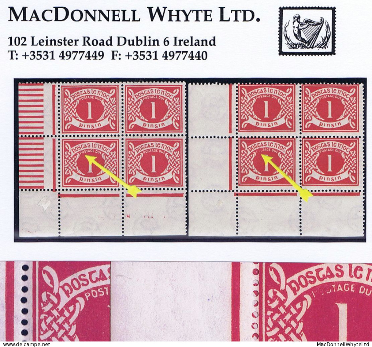 Ireland 1925 Wmk Se 1d Varieties 'Inverted Q' And 'Blotted POS' Of R10/1, In Matching Corner Blocks Mint - Portomarken