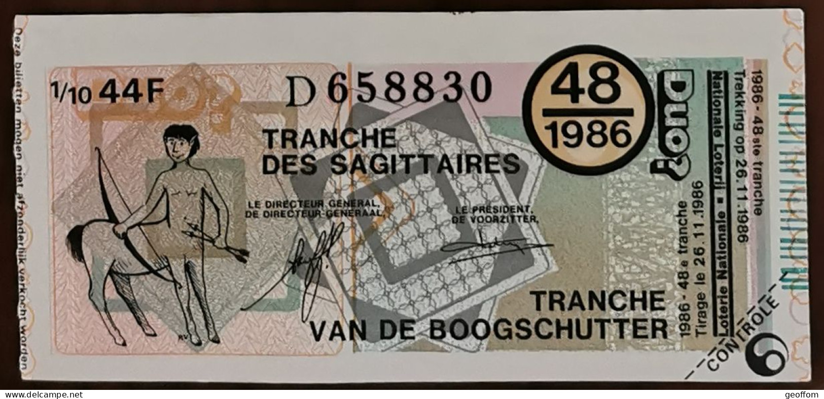 Billet De Loterie Nationale Belgique 1986 48e Tranche Des Sagittaires - 26-11-1986 - Billetes De Lotería