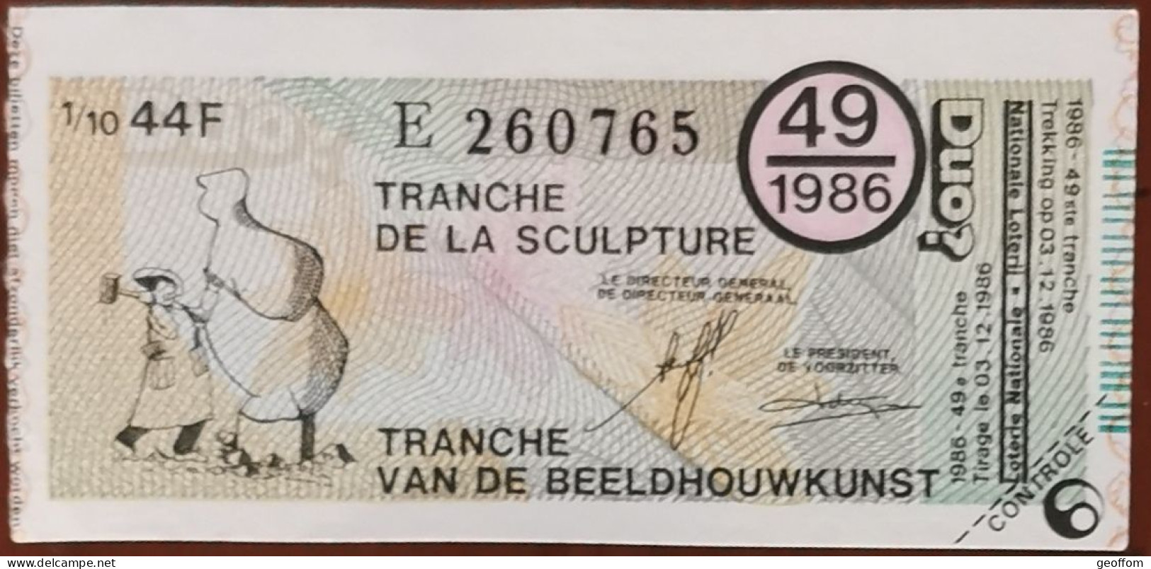 Billet De Loterie Nationale Belgique 1986 49e Tranche De La Sculpture - 3-12-1986 - Billetes De Lotería