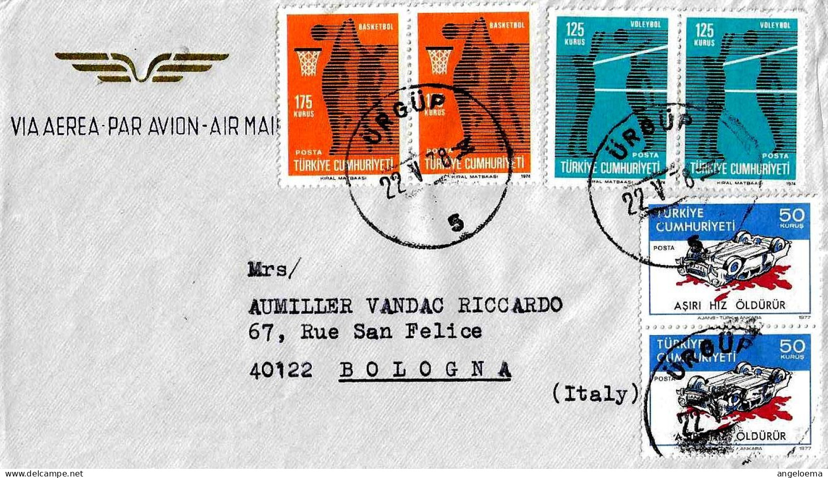 TURCHIA TURKIYE - 1978 URGUP Busta Affrancata Con 6 Francobolli (basketball, Incidenti Stradali) Viagg. Per Italia -5430 - Lettres & Documents