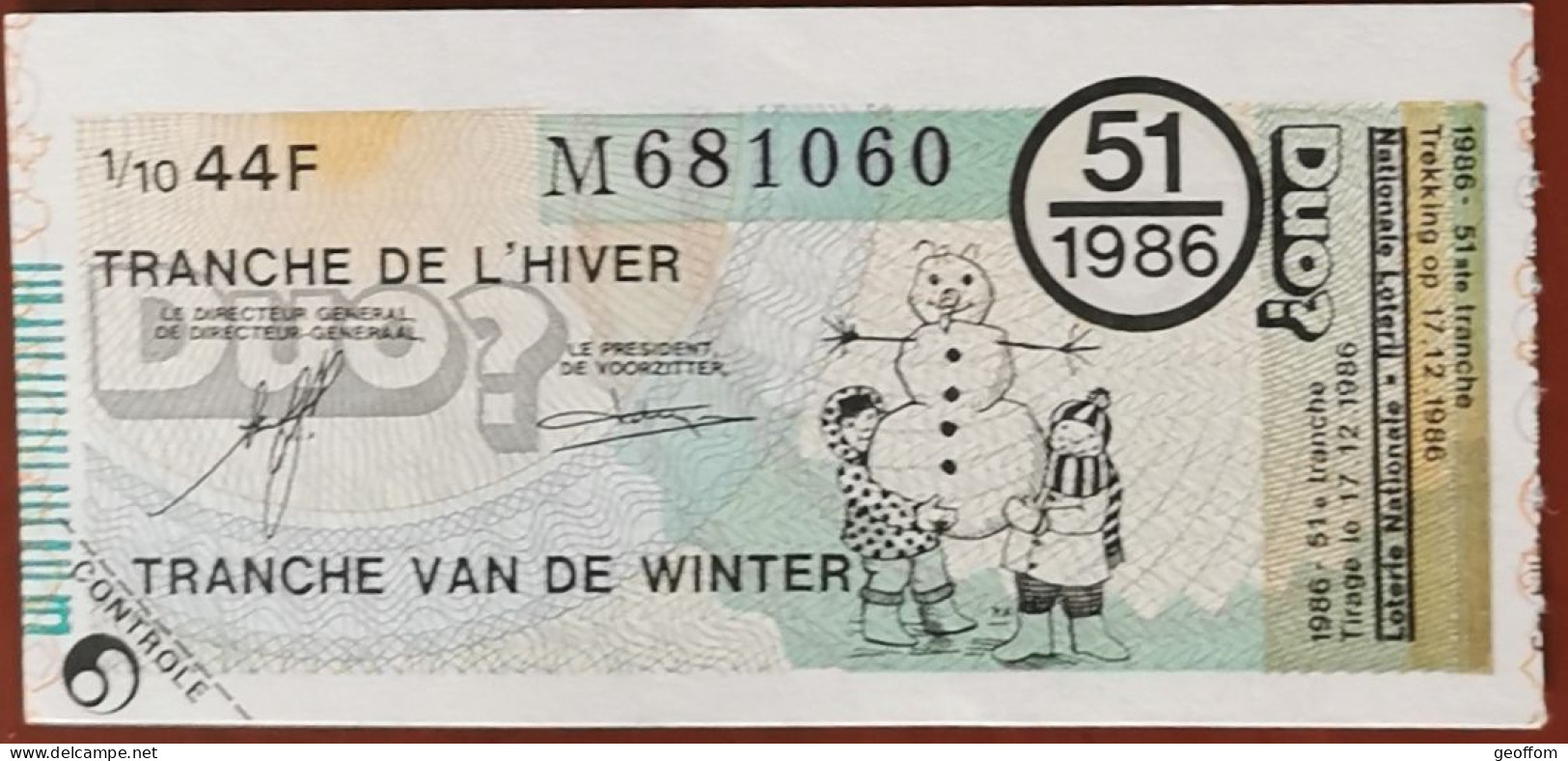 Billet De Loterie Nationale Belgique 1986 51e Tranche De L'Hiver - 17-12-1986 - Billetes De Lotería