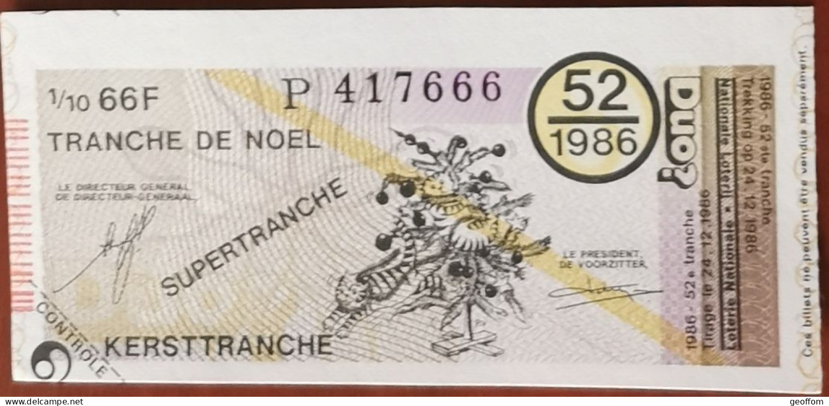 Billet De Loterie Nationale Belgique 1986 52e SuperTranche De Noel - 24-12-1986 - Billetes De Lotería