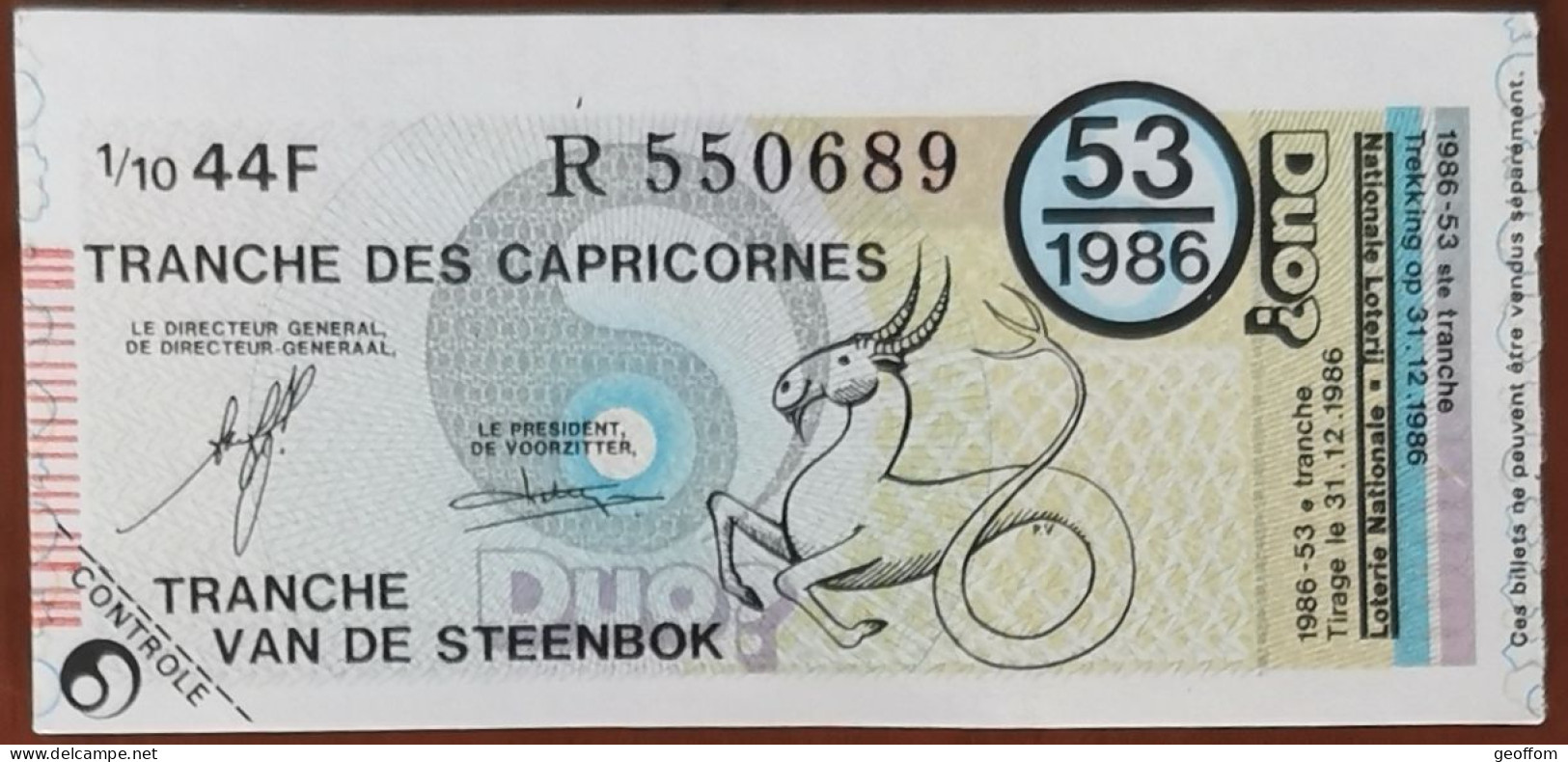 Billet De Loterie Nationale Belgique 1986 53e Tranche Des Capricorne - 31-12-1986 - Billetes De Lotería