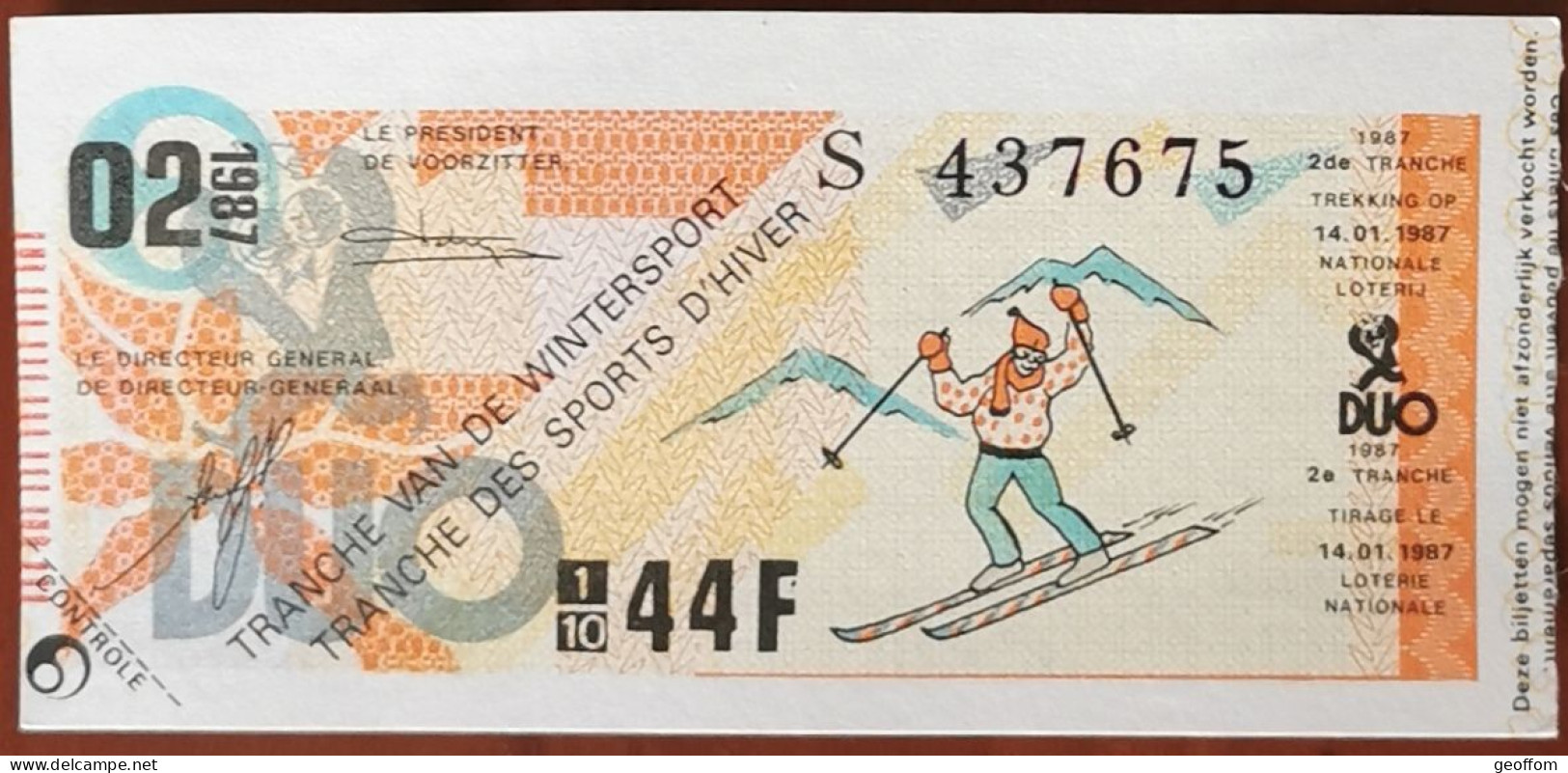 Billet De Loterie Nationale Belgique 1987 2e Tranche Des Sports D'Hiver - 14-1-1987 - Billetes De Lotería