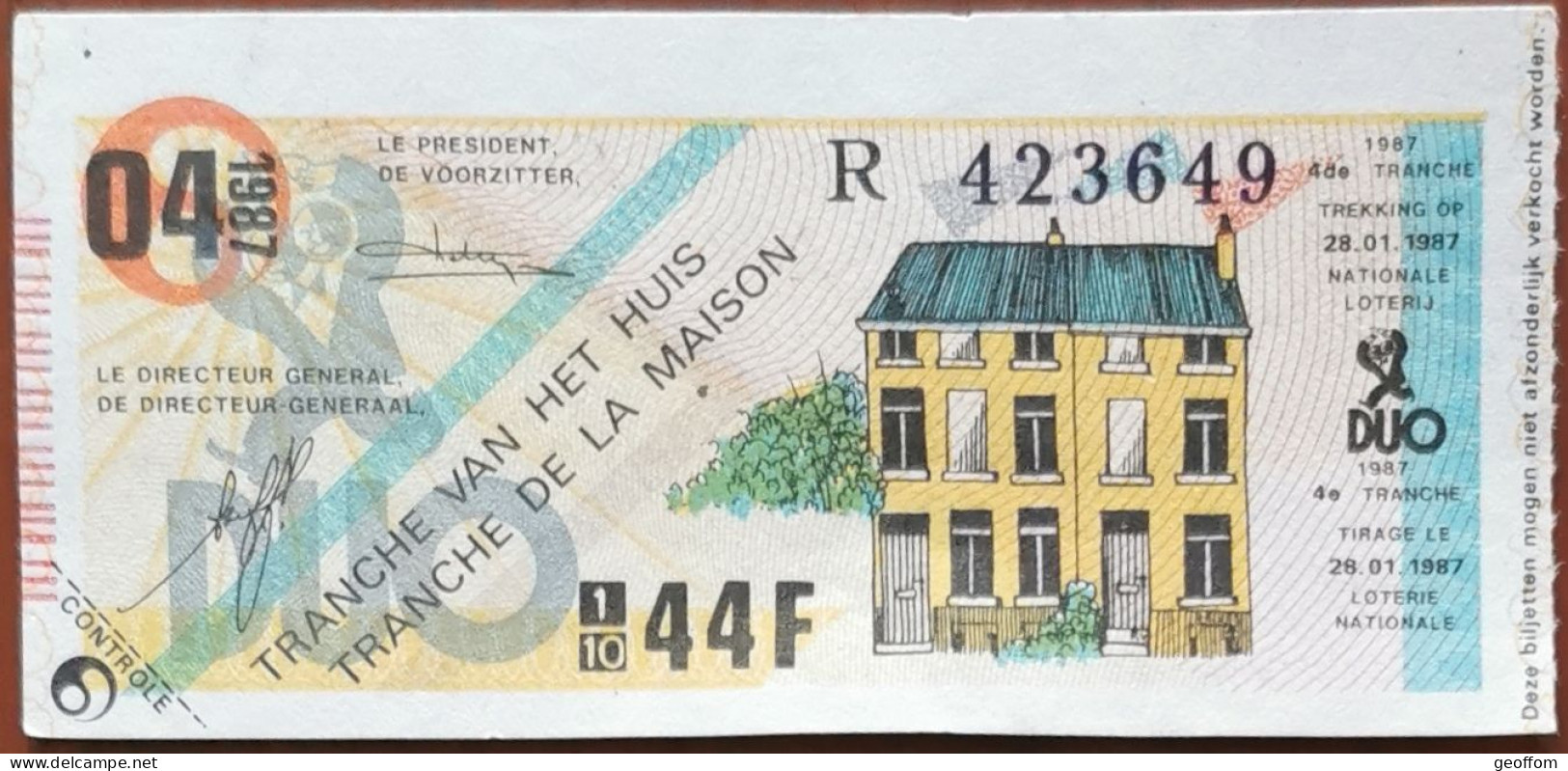 Billet De Loterie Nationale Belgique 1987 4e Tranche De La Maison - 28-1-1987 - Billetes De Lotería