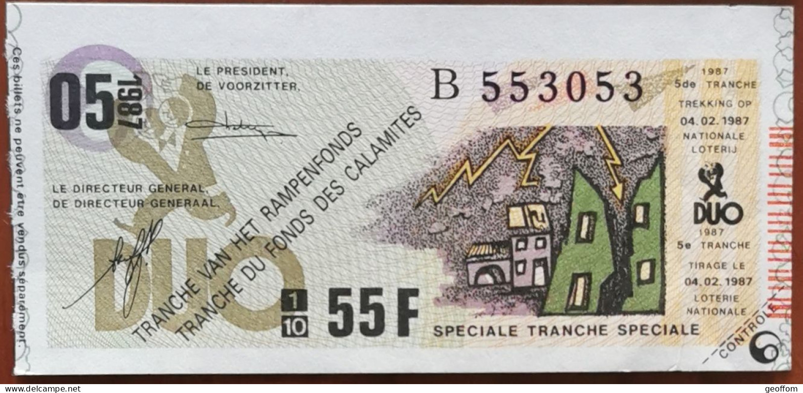 Billet De Loterie Nationale Belgique 1987 5e Tranche Du Fond Des Calamites - 4-2-1987 - Billetes De Lotería