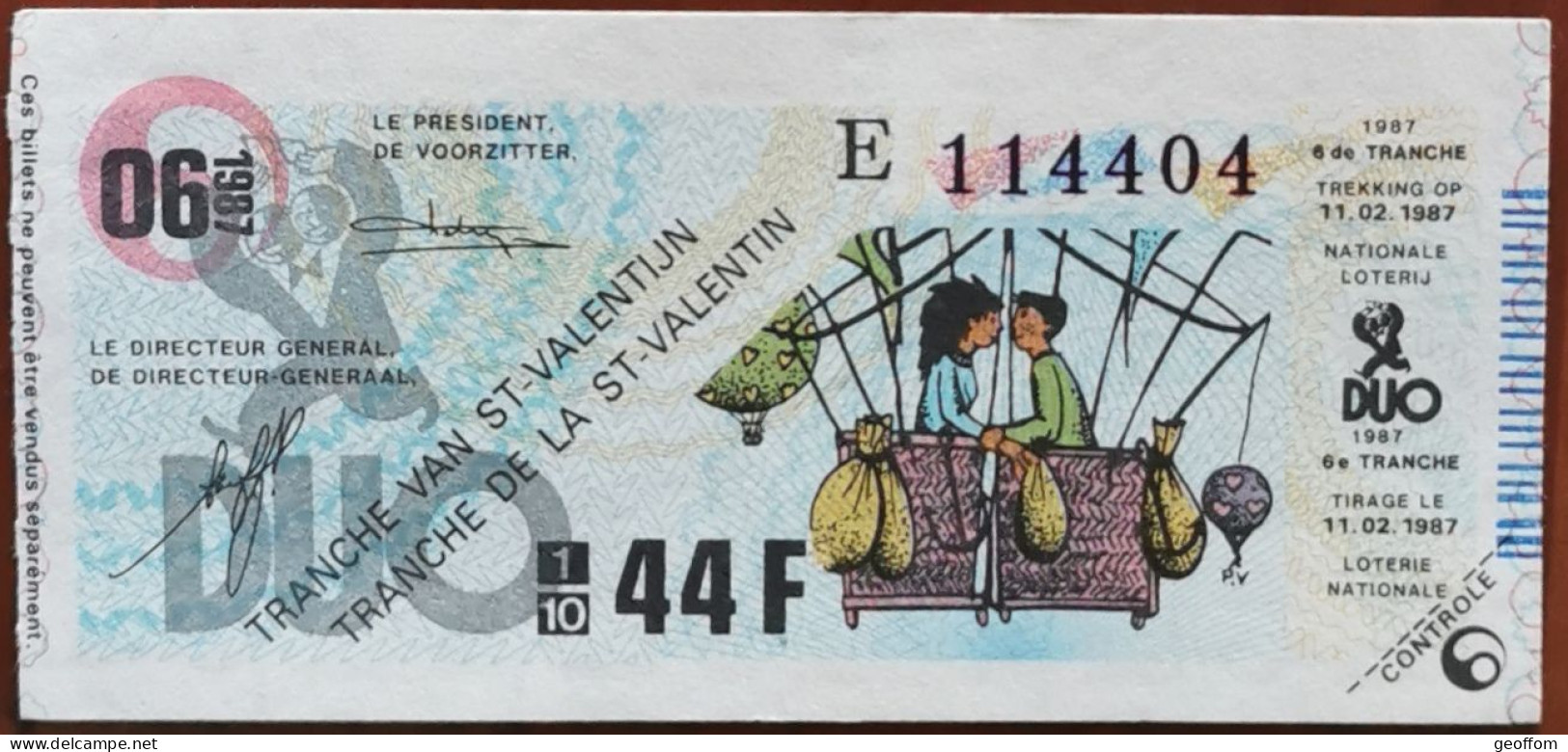 Billet De Loterie Nationale Belgique 1987 6e Tranche De La Saint Valentin - 11-2-1987 - Billetes De Lotería