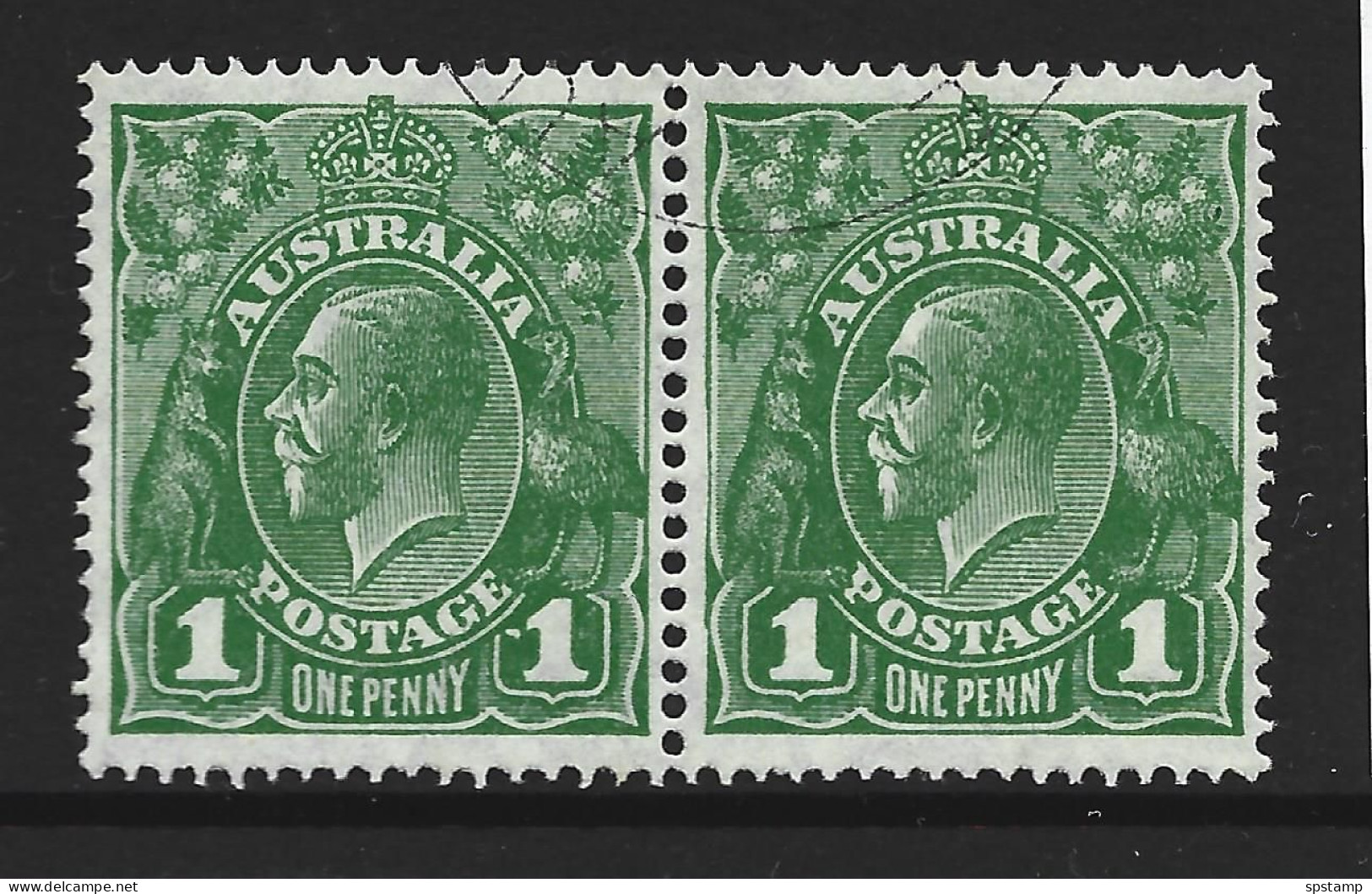 Australia 1926 - 1930 1d Green KGV Definitive SM Wmk Perf 14 Horizontal Pair Both With ACSC Listed Varieties FU - Usati