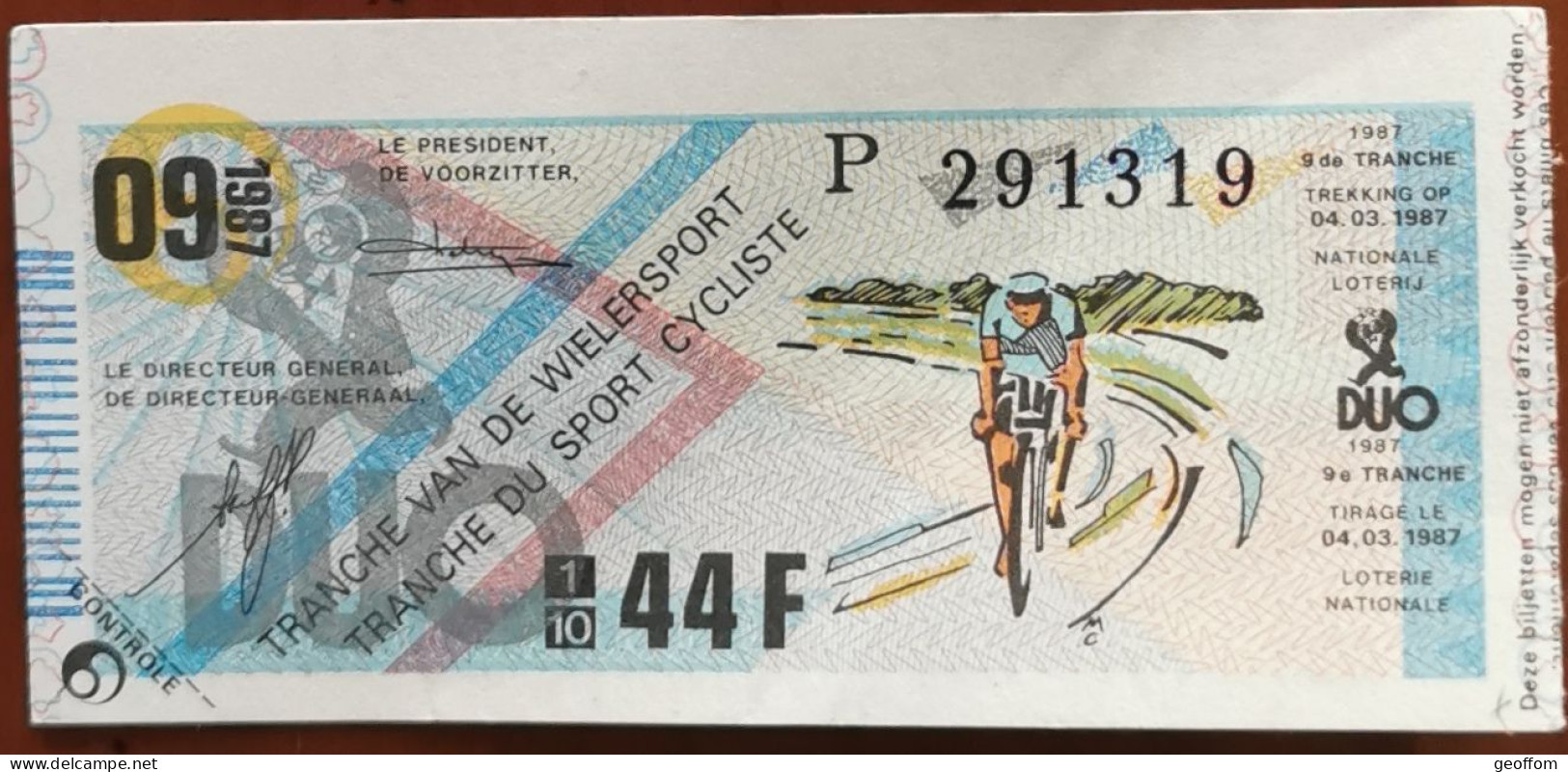 Billet De Loterie Nationale Belgique 1987 9e Tranche Du Sport Cycliste - 4-3-1987 - Billetes De Lotería