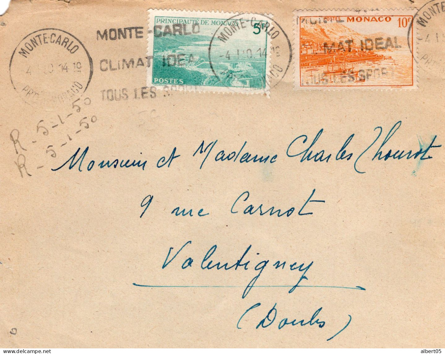 Lettre De Monte Carlo Pour Valentigney - Années50 - Marcofilia