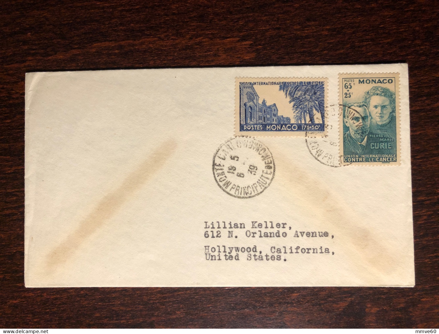 MONACO FDC TRAVELLED COVER LETTER TO USA 1939 YEAR  CURIE CANCER HEALTH MEDICINE - Storia Postale