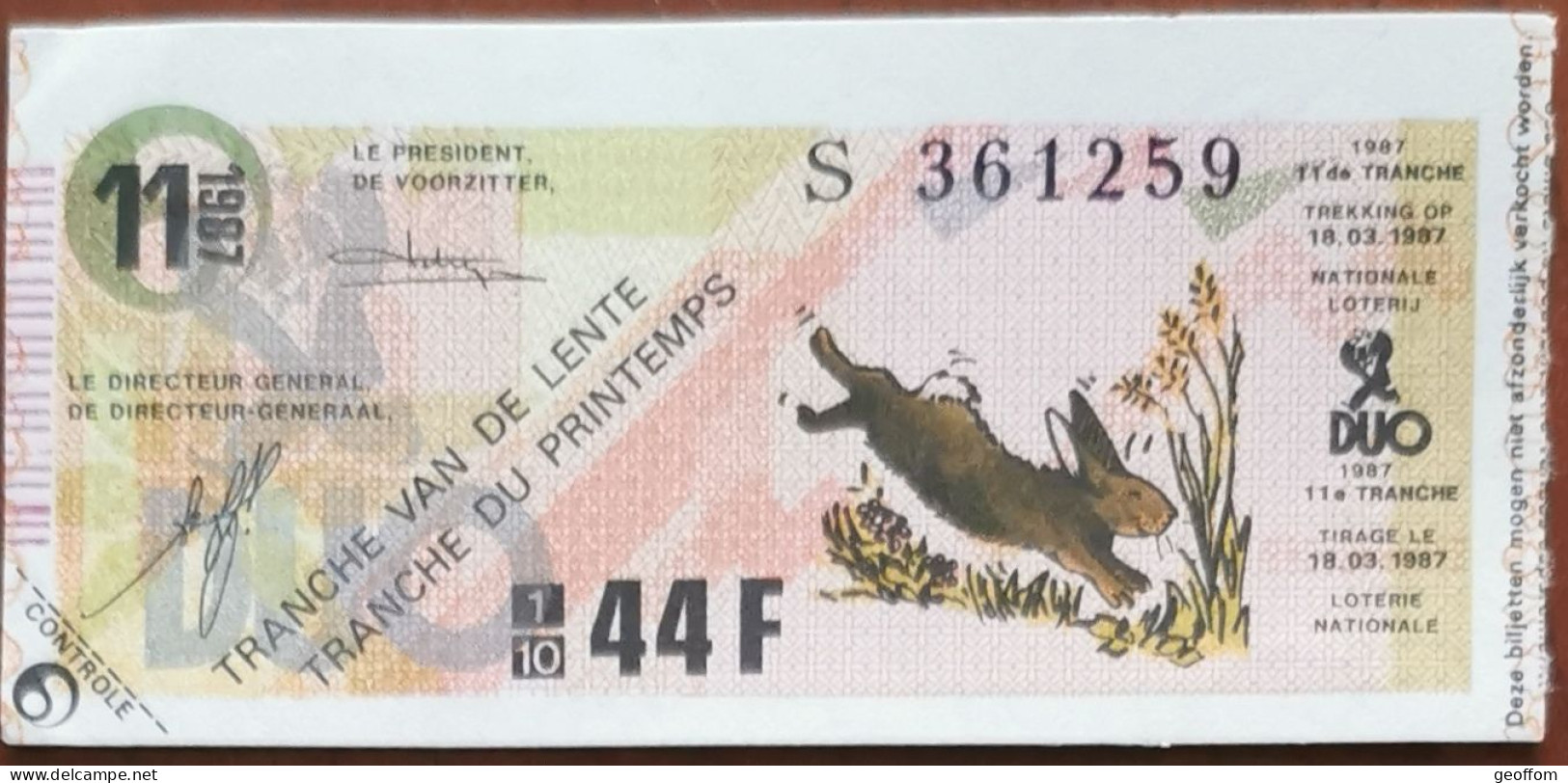 Billet De Loterie Nationale Belgique 1987 11e Tranche Du Printemps - 18-3-1987 - Billetes De Lotería