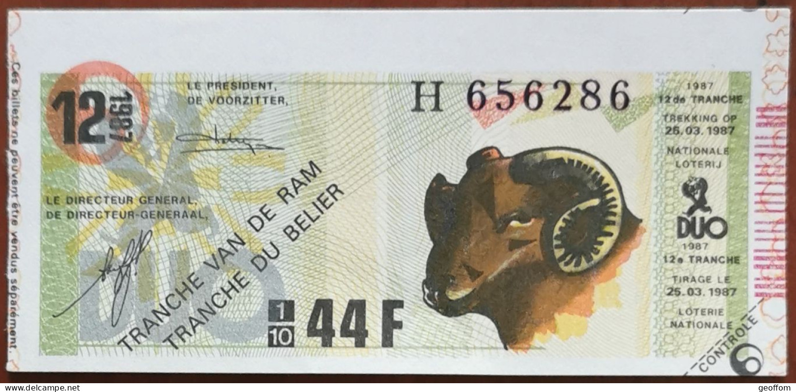 Billet De Loterie Nationale Belgique 1987 12e Tranche Du Bélier - 25-3-1987 - Billetes De Lotería