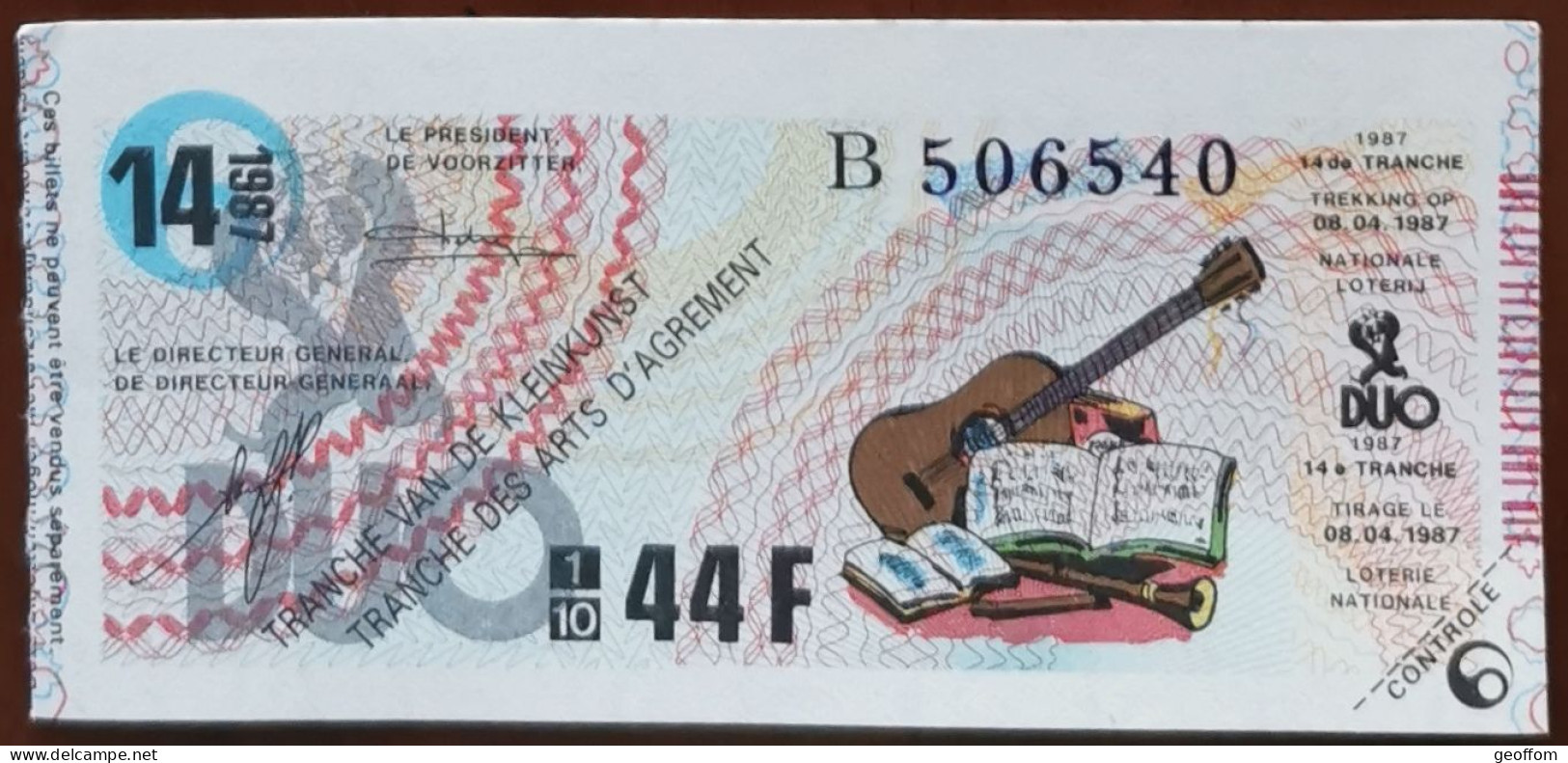 Billet De Loterie Nationale Belgique 1987 14e Tranche Des Arts D'Agrément - 8-4-1987 - Billetes De Lotería