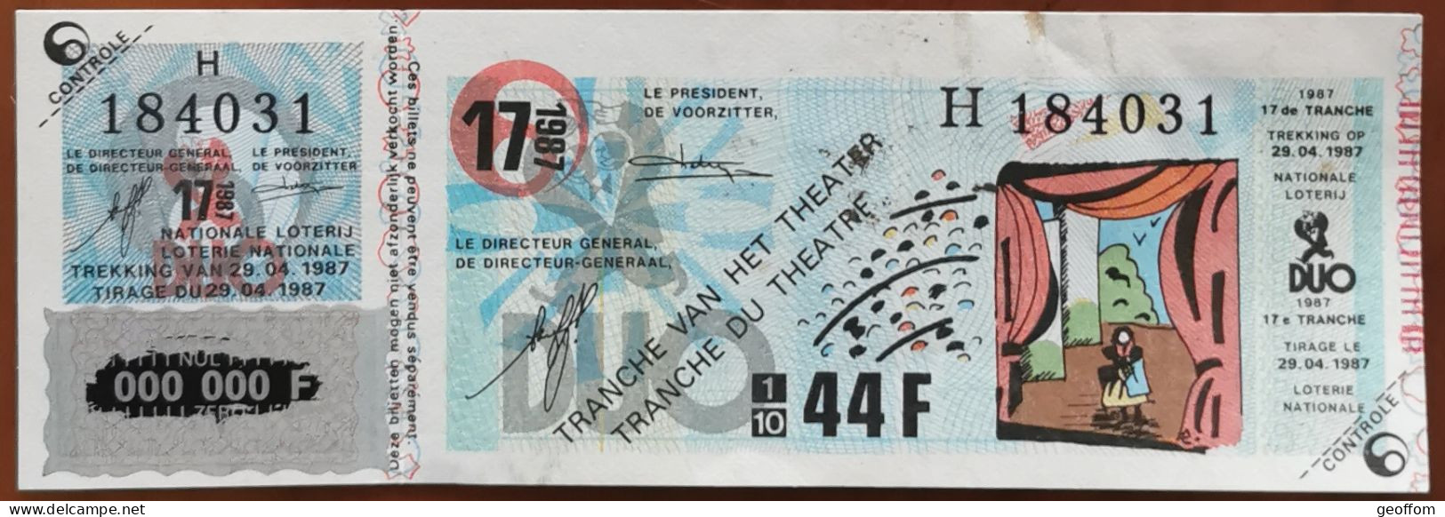 Billet De Loterie Nationale Belgique 1987 17e Tranche Du Théâtre - 29-4-1987 - Billetes De Lotería