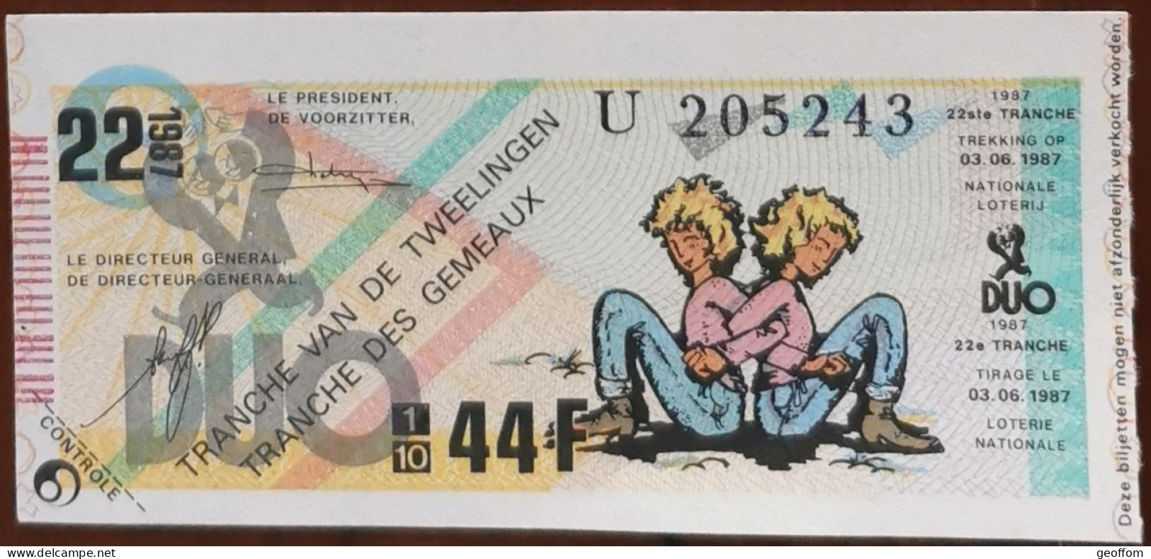 Billet De Loterie Nationale Belgique 1987 22e Tranche Des Gémeaux - 3-6-1987 - Billetes De Lotería