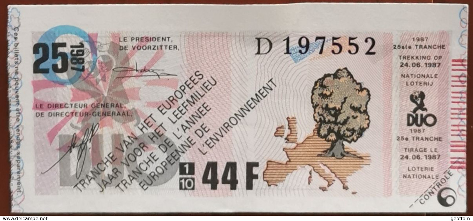 Billet De Loterie Nationale Belgique 1987 25e Tr De L'Année Européenne De L'Environnement 24-6-1987 - Biglietti Della Lotteria