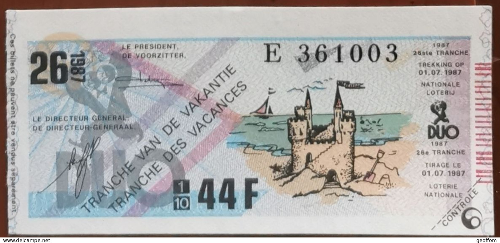 Billet De Loterie Nationale Belgique 1987 26e Tranche Des Vacances - 1-7-1987 - Billetes De Lotería