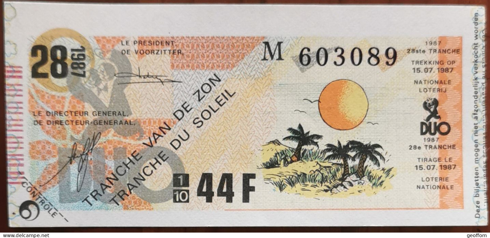 Billet De Loterie Nationale Belgique 1987 28e Tranche Du Soleil - 15-7-1987 - Billetes De Lotería