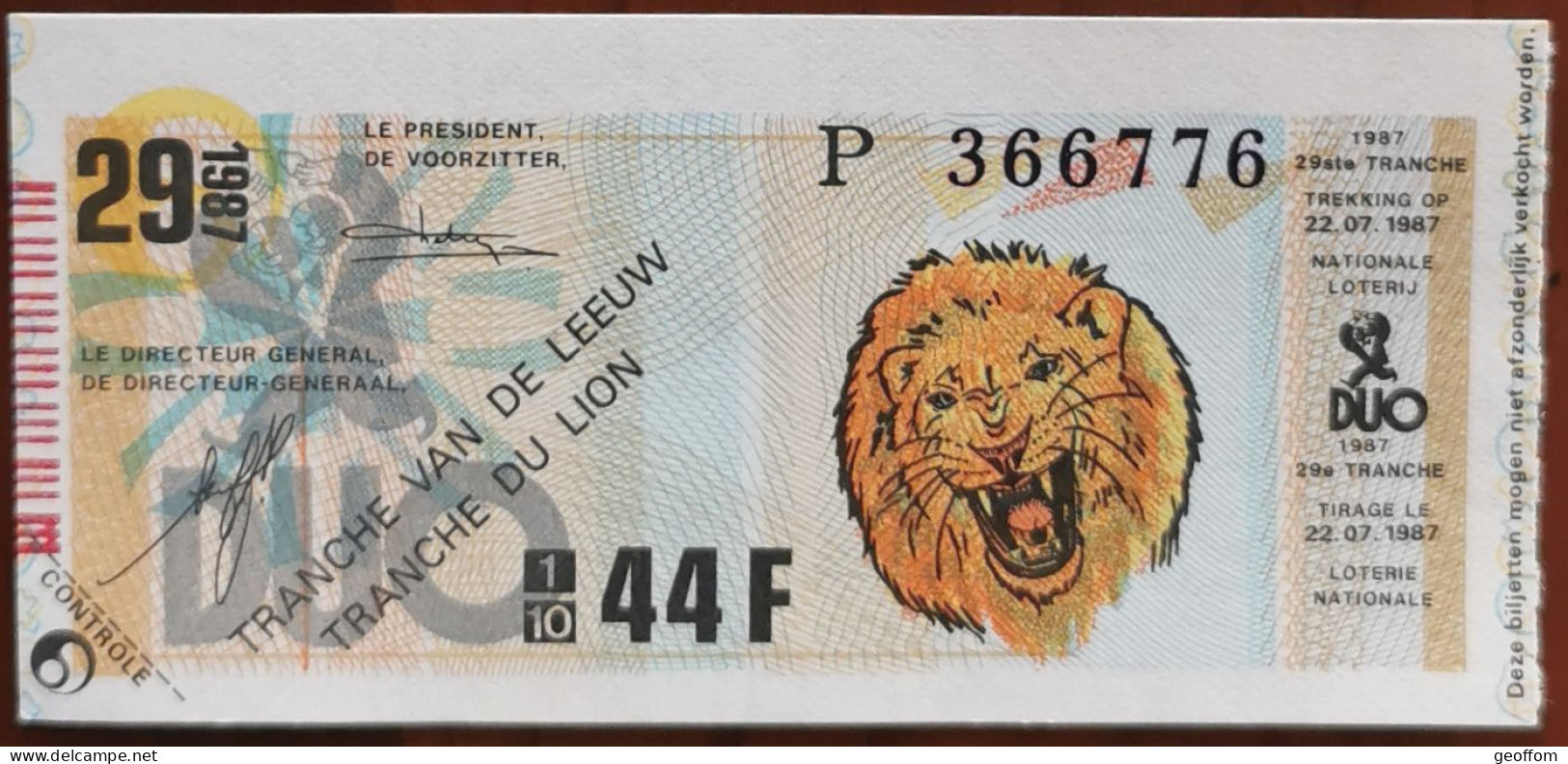 Billet De Loterie Nationale Belgique 1987 29e Tranche Du Lion- 22-7-1987 - Billetes De Lotería