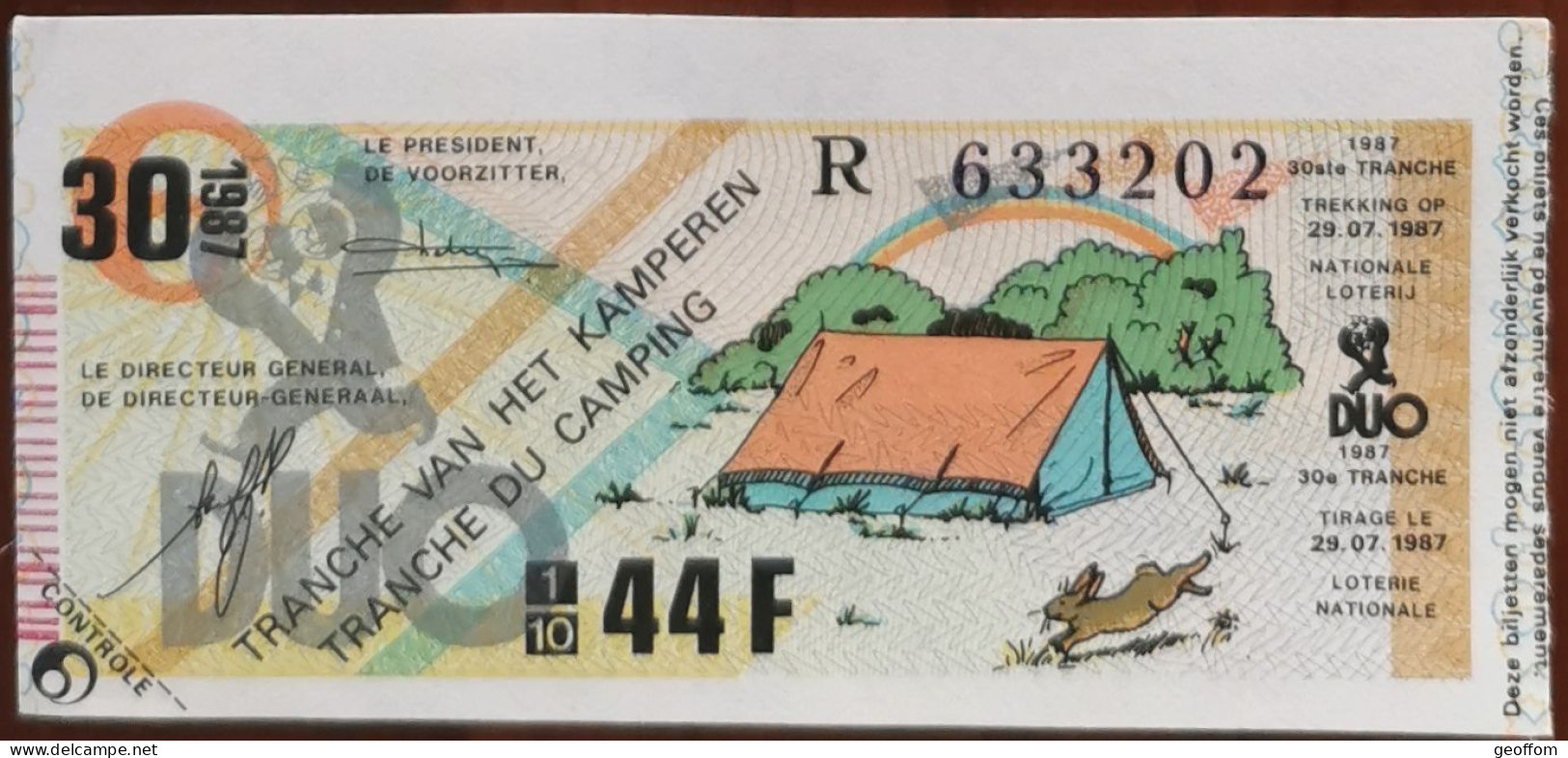 Billet De Loterie Nationale Belgique 1987 30e Tranche Du Camping- 29-7-1987 - Billetes De Lotería