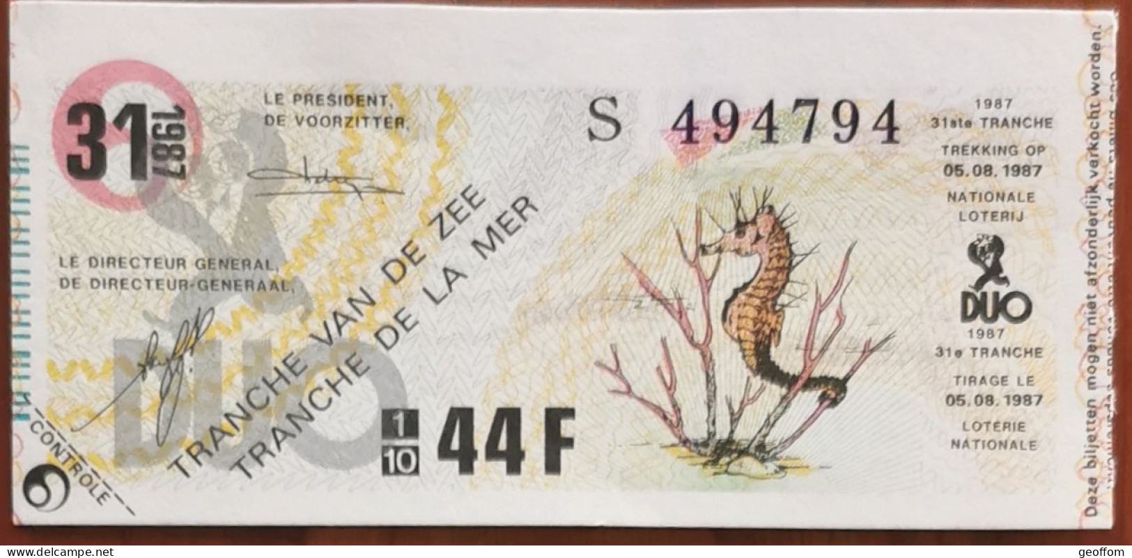 Billet De Loterie Nationale Belgique 1987 31e Tranche De La Mer- 5-8-1987 - Billetes De Lotería