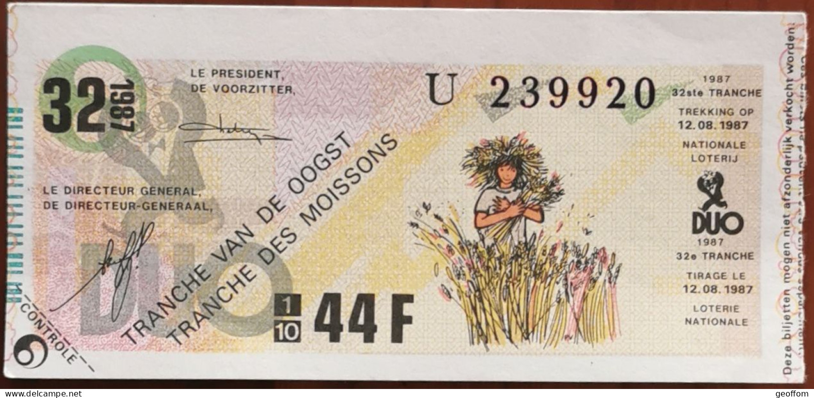 Billet De Loterie Nationale Belgique 1987 32e Tranche Des Moissons- 12-8-1987 - Billetes De Lotería