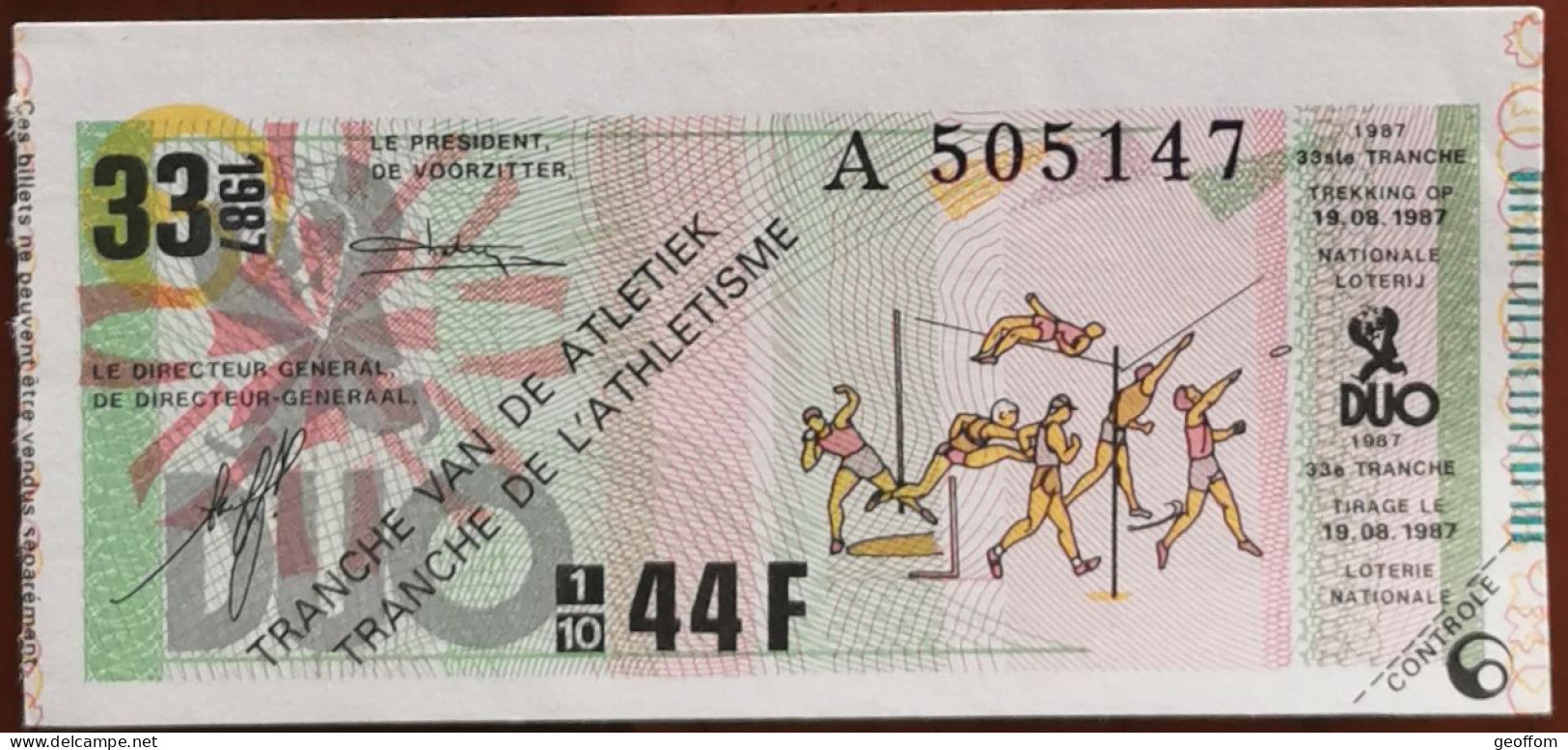 Billet De Loterie Nationale Belgique 1987 33e Tranche De L'Athlétisme- 19-8-1987 - Billetes De Lotería