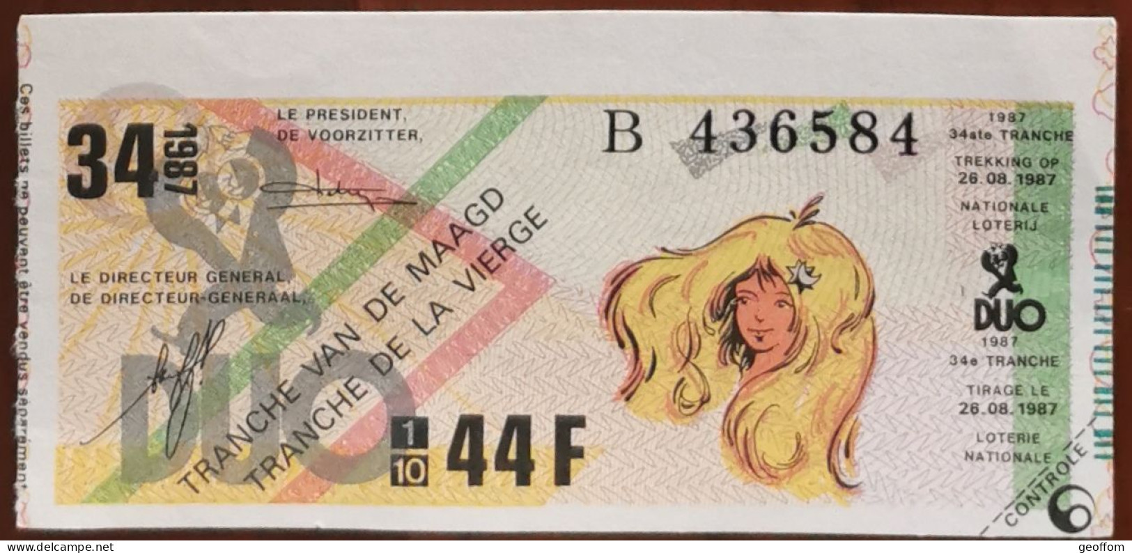 Billet De Loterie Nationale Belgique 1987 34e Tranche De La Vierge- 26-8-1987 - Biglietti Della Lotteria