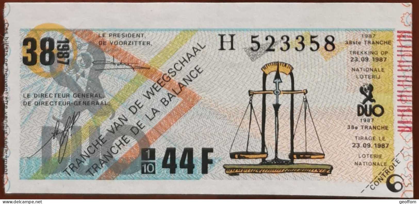 Billet De Loterie Nationale Belgique 1987 38e Tranche De La Balance - 23-9-1987 - Billetes De Lotería