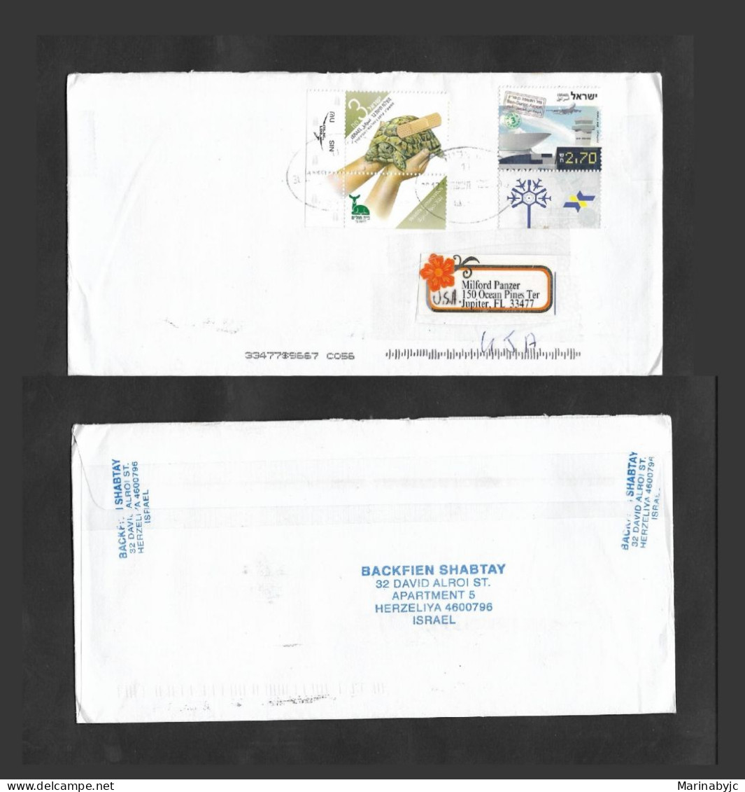 EL)2012 ISRAEL, WILDLIFE PROTECTION, TURTLE, BEN GURION INTERNATIONAL AIRPORT, CIRCULATED COVER FROM HERZLIYA TO FLORIDA - Gebruikt (met Tabs)