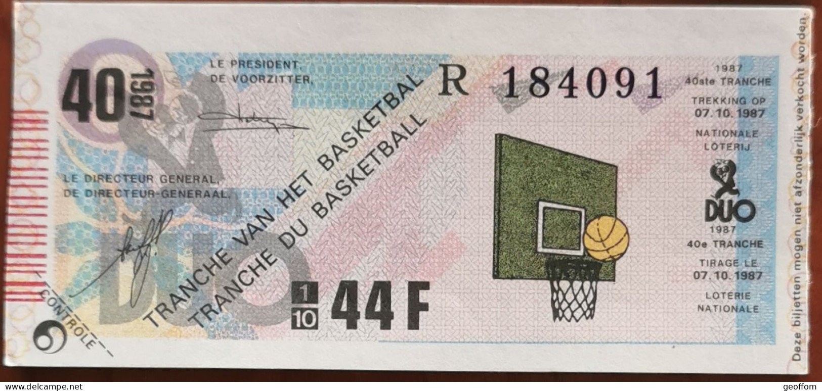 Billet De Loterie Nationale Belgique 1987 40e Tranche Du Basketball - 7-10-1987 - Billetes De Lotería