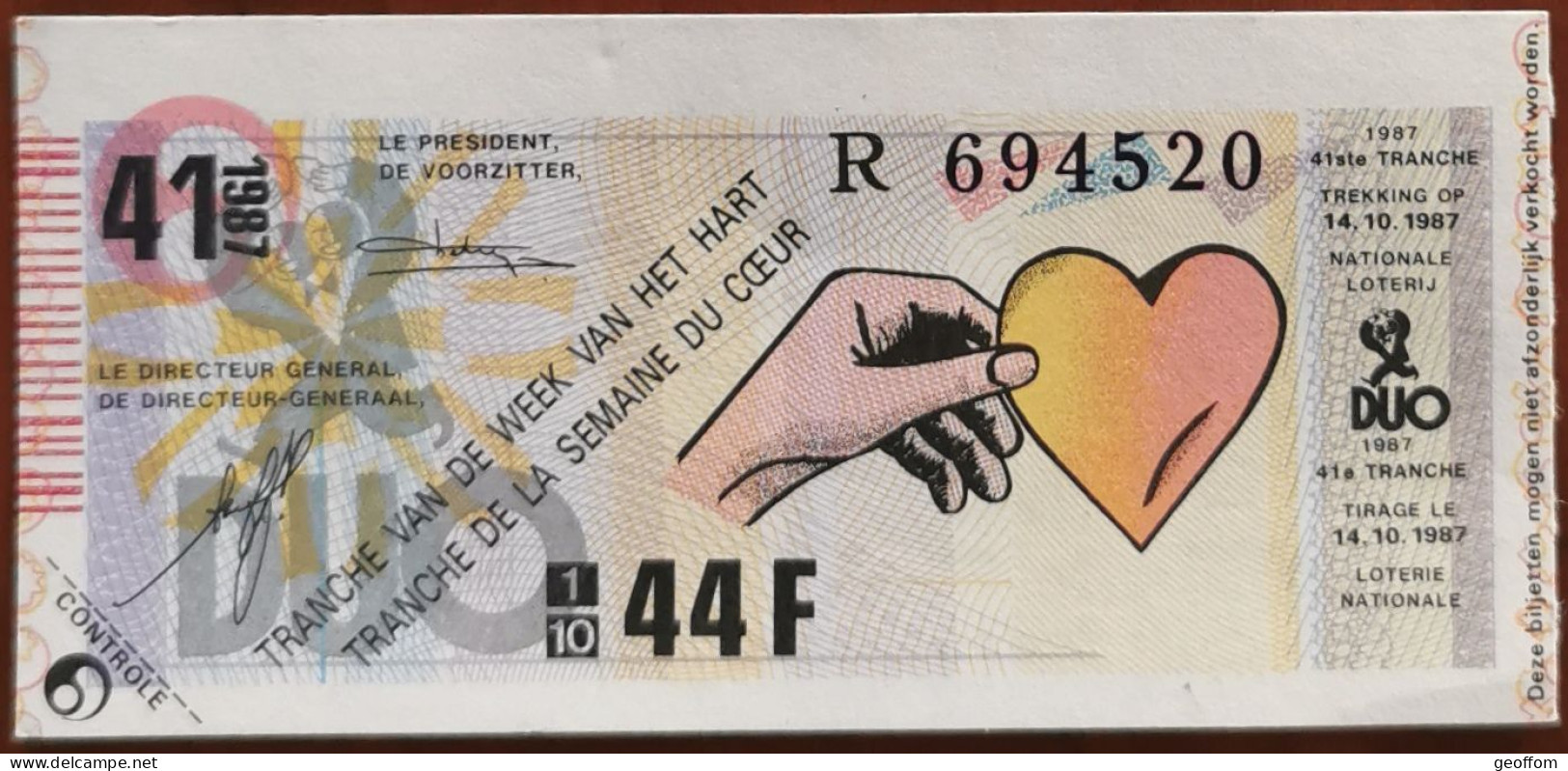 Billet De Loterie Nationale Belgique 1987 41e Tranche De La Semaine Du Cœur - 14-10-1987 - Biglietti Della Lotteria